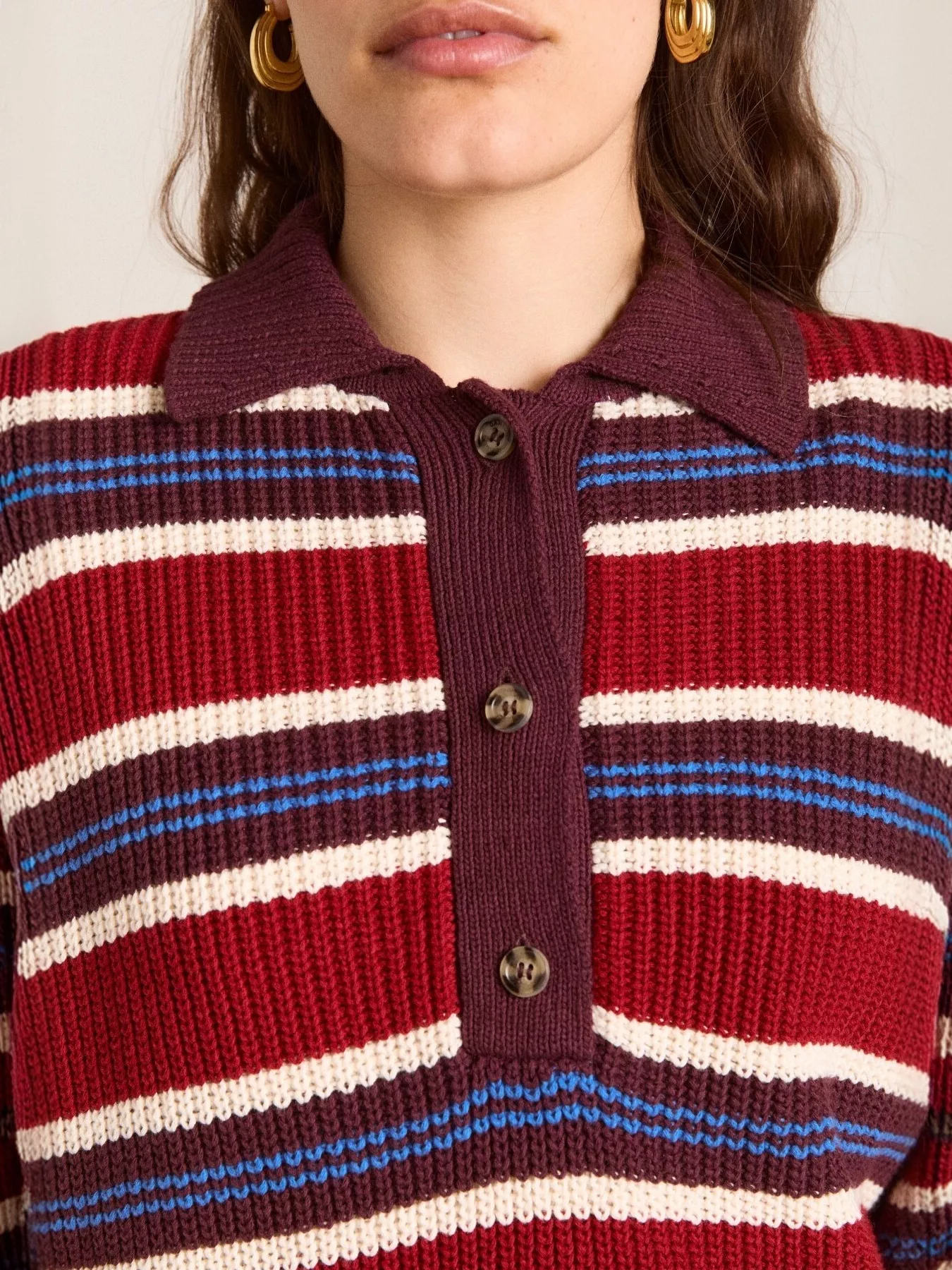 Striped Button Detail Polo Collar Sweater - Image 2