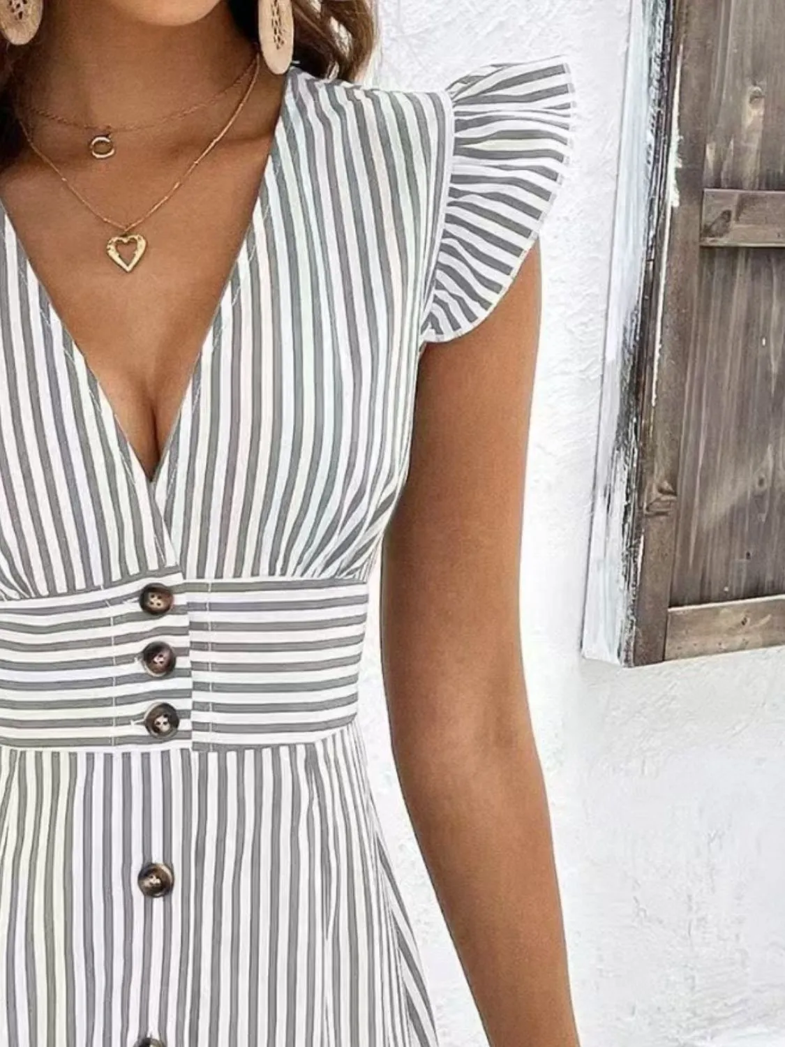 Striped Button Front Cap Sleeve Dress - Image 10