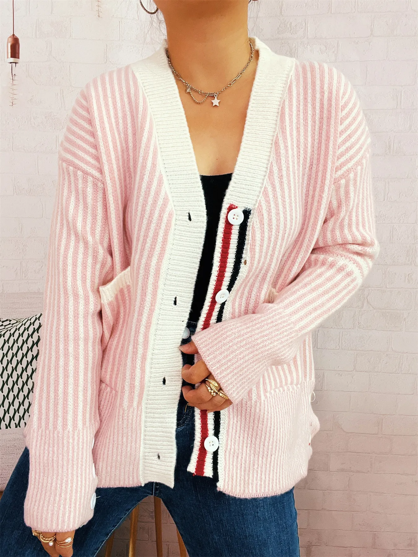 Striped Button-Front Cardigan with Contrast Trim - Image 10