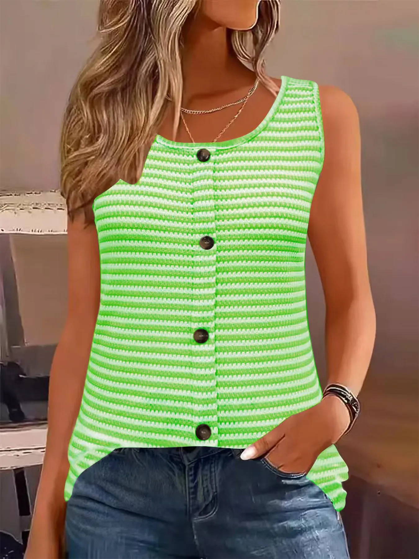 Striped Button Front Knit Tank Top - Image 4