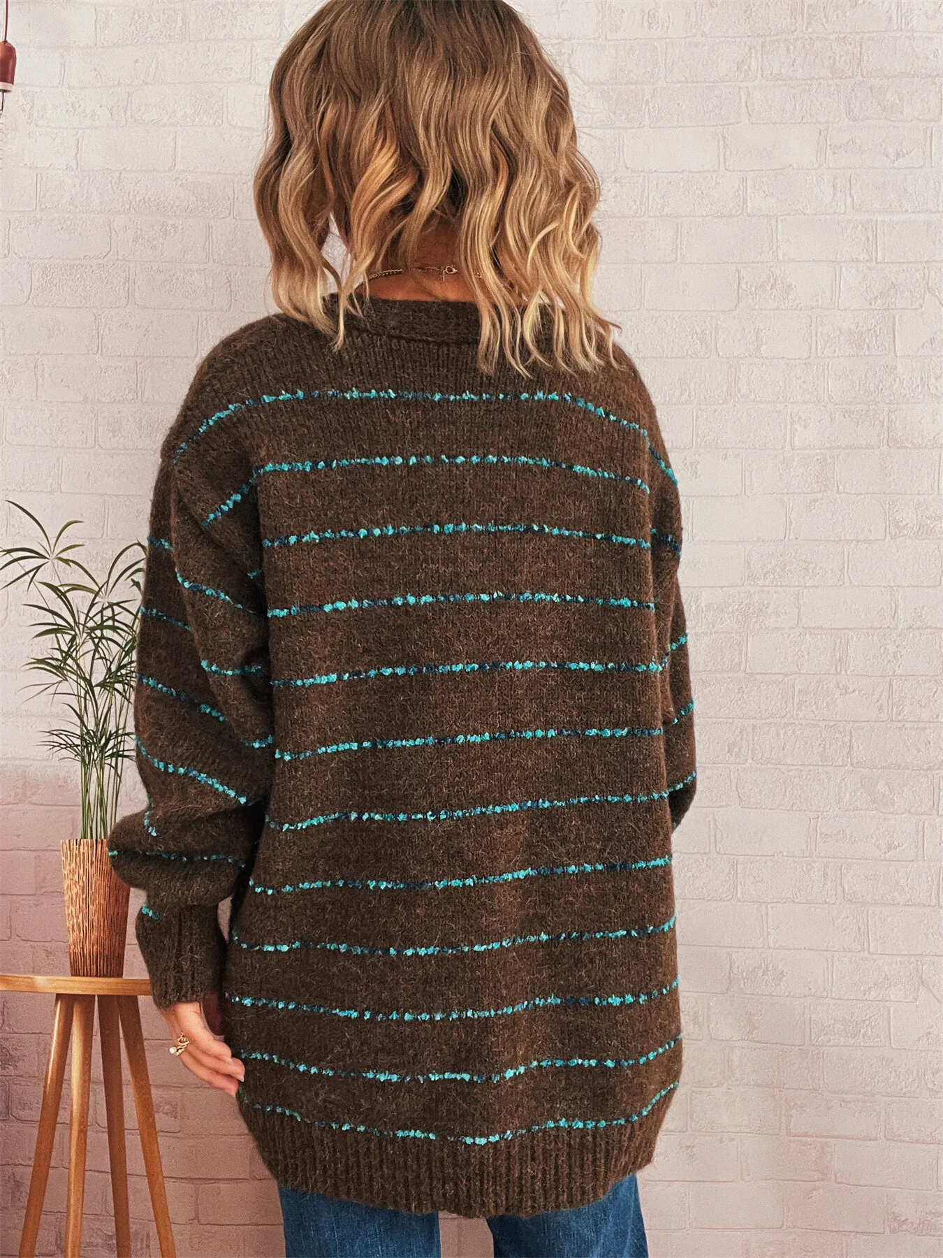 Striped Button-Up Cardigan with V-Neck Design - Image 14