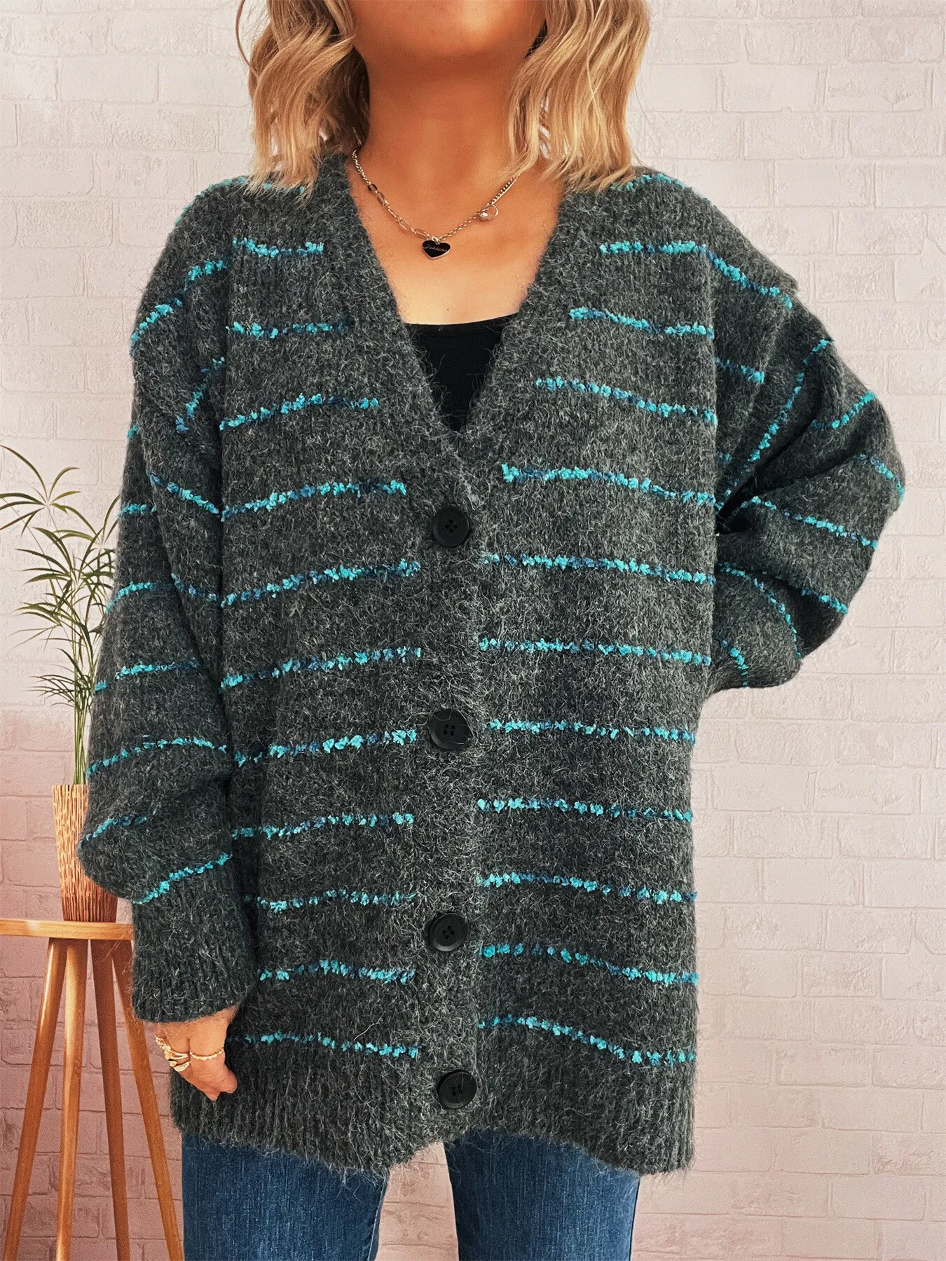 Striped Button-Up Cardigan with V-Neck Design - Image 19