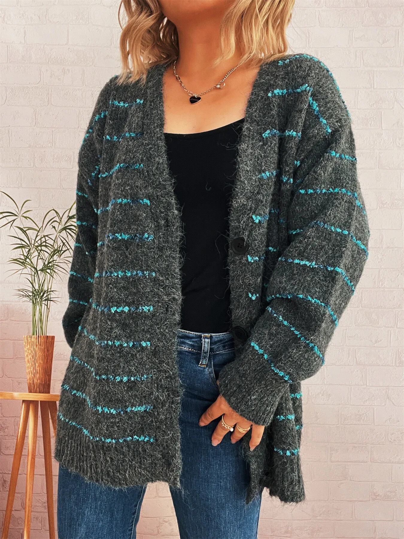 Striped Button-Up Cardigan with V-Neck Design - Image 20