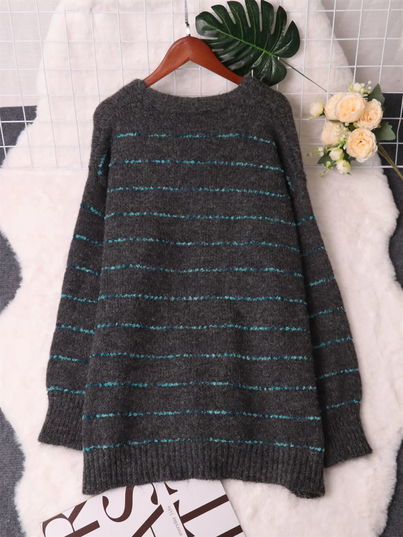 Striped Button-Up Cardigan with V-Neck Design - Image 24