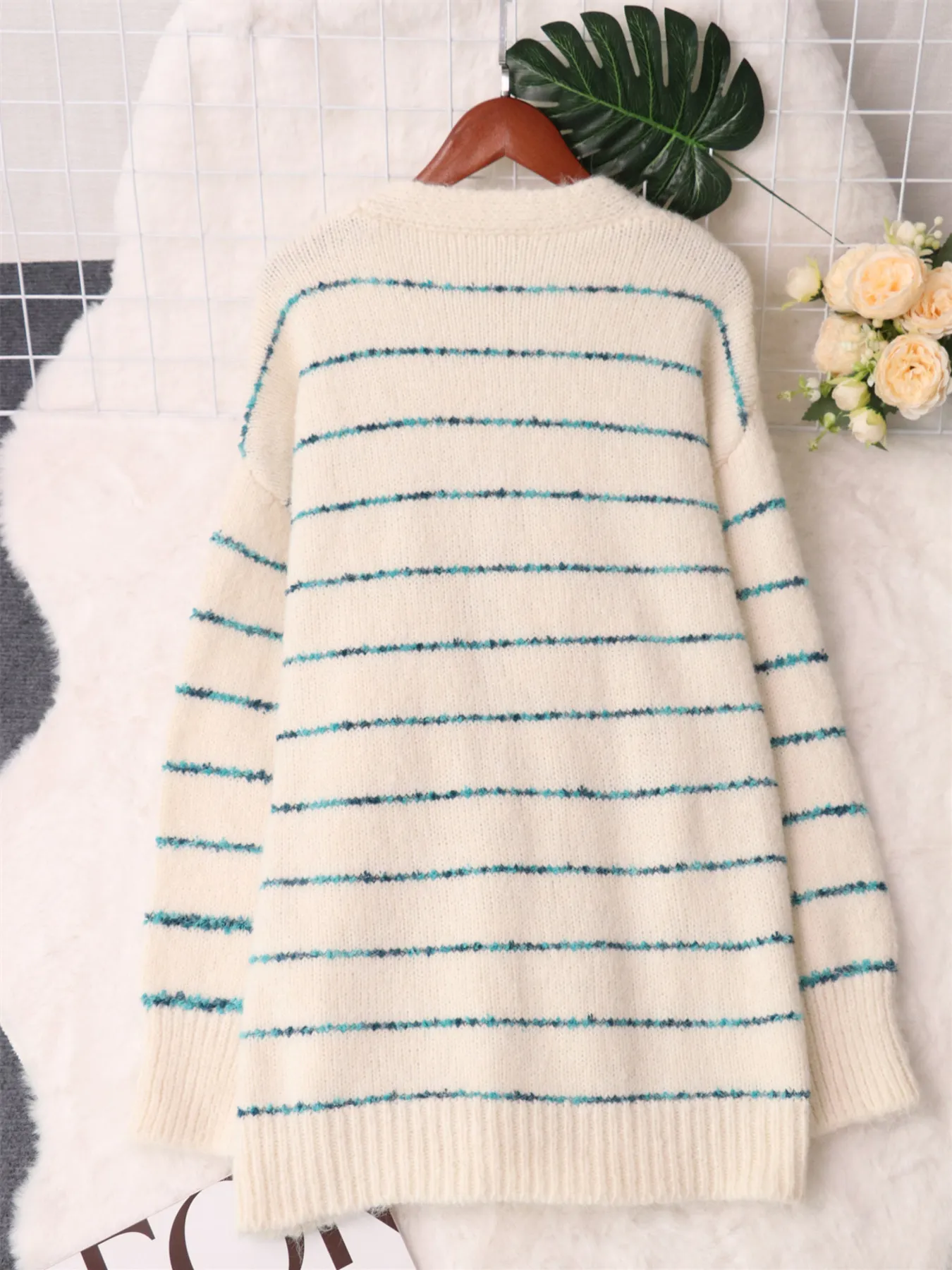Striped Button-Up Cardigan with V-Neck Design - Image 6