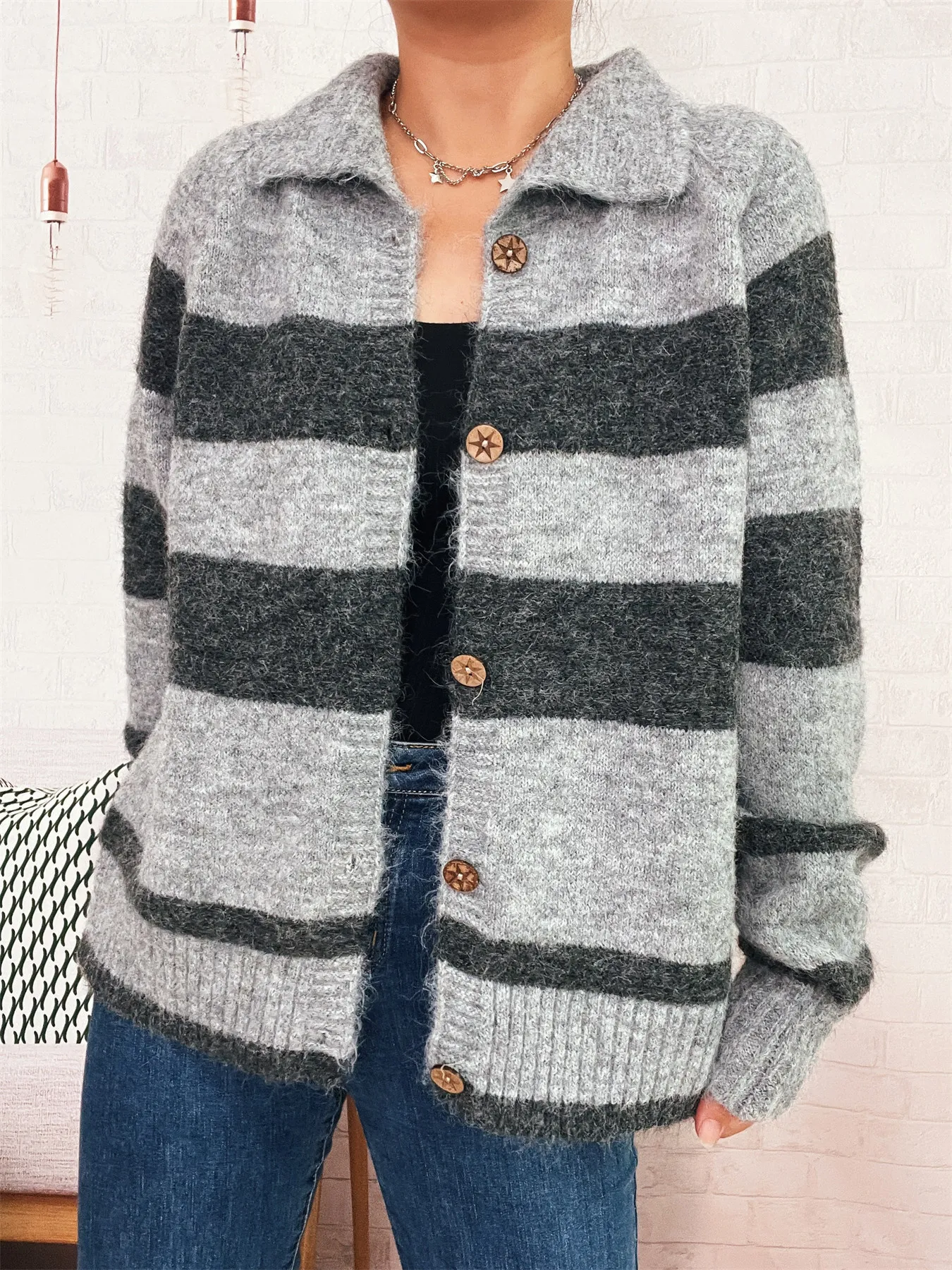 Striped Button-Up Cozy Cardigan - Image 15