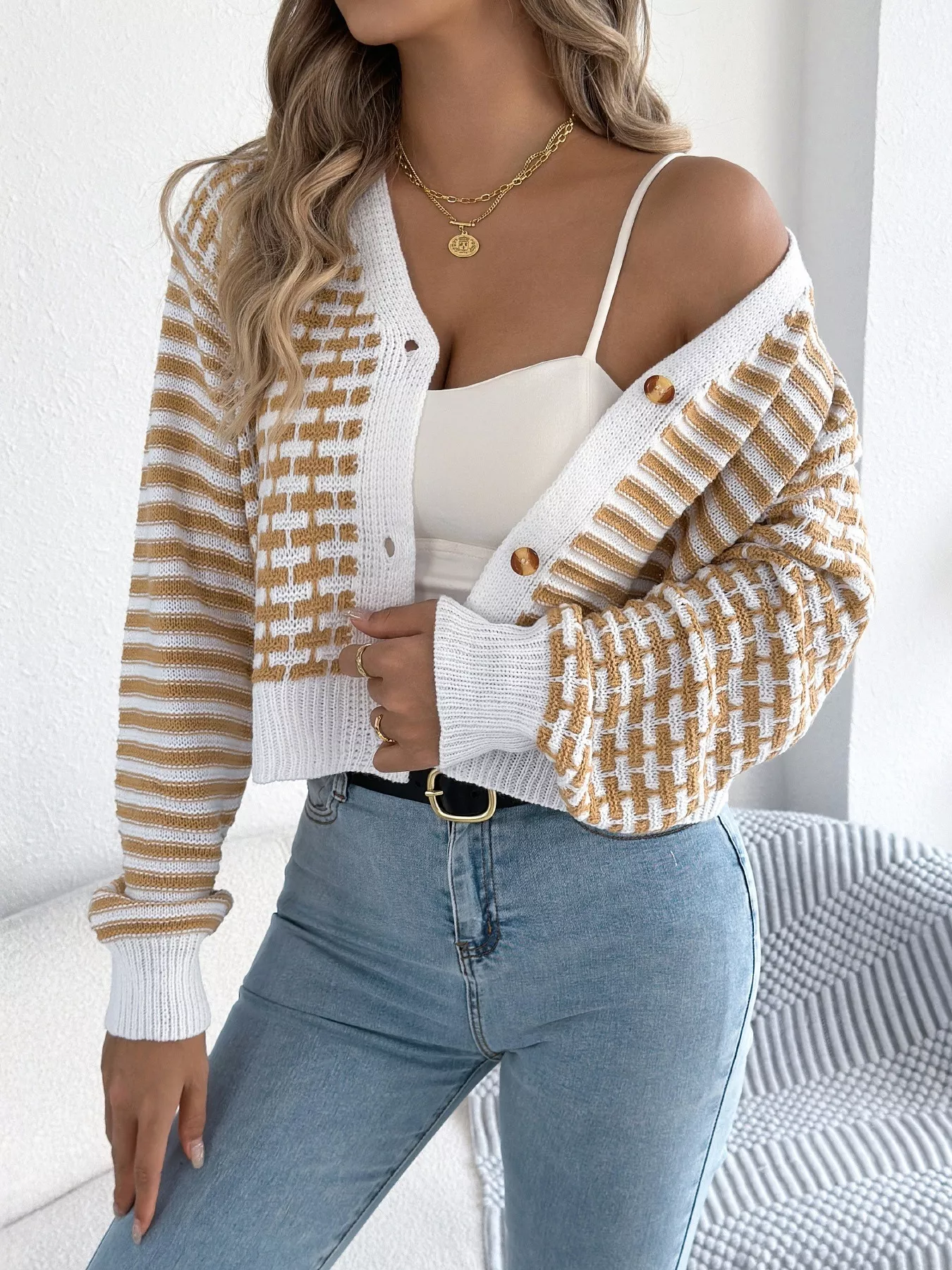 Striped Button-Up Cropped Cardigan - Image 14