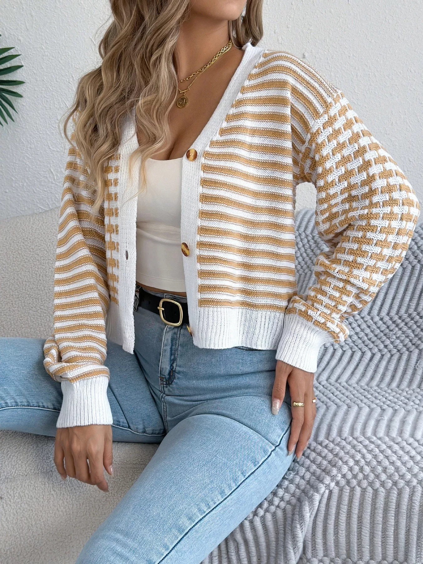 Striped Button-Up Cropped Cardigan - Image 16