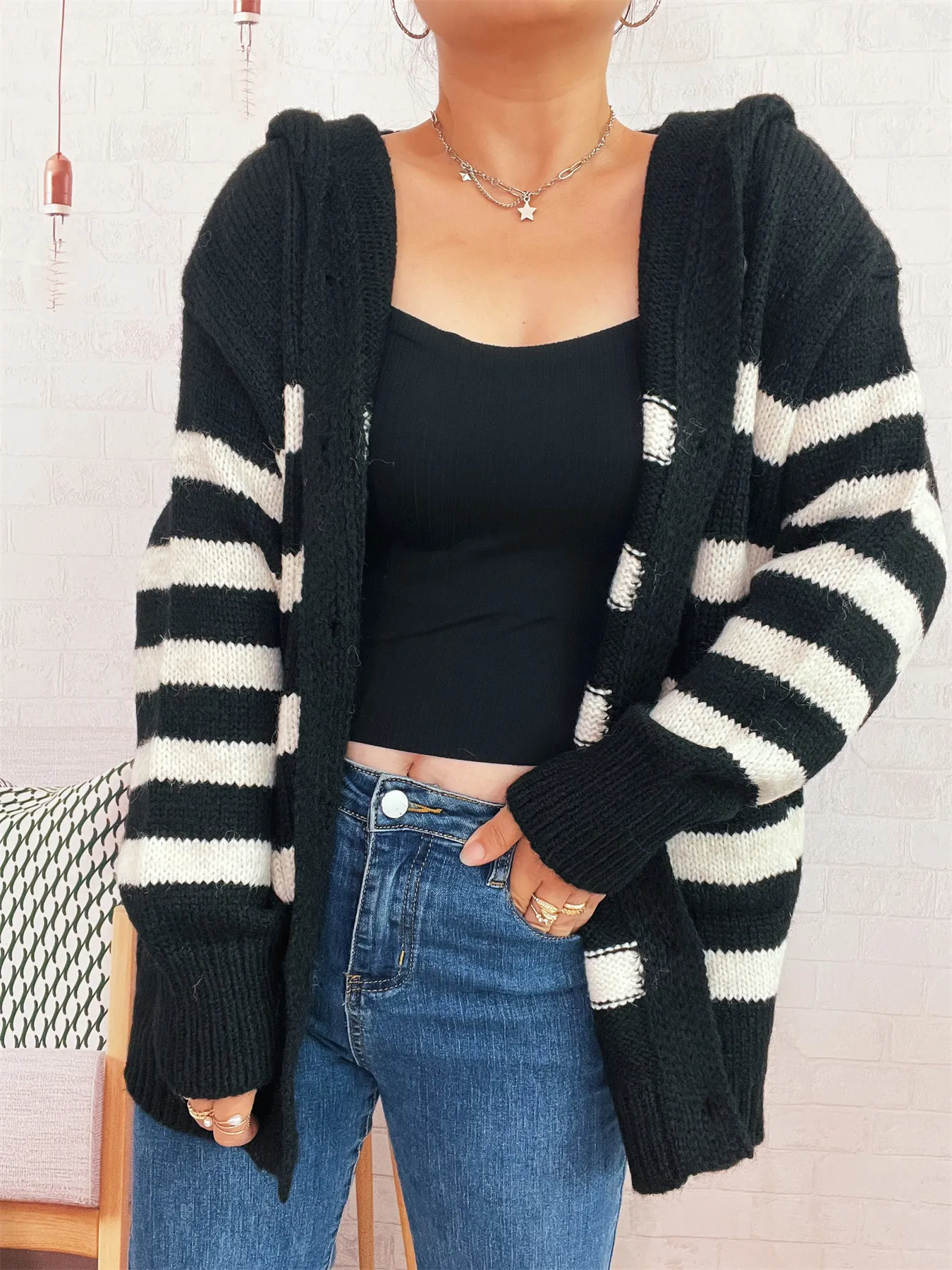 Striped Button-Up Hooded Cardigan - Image 10