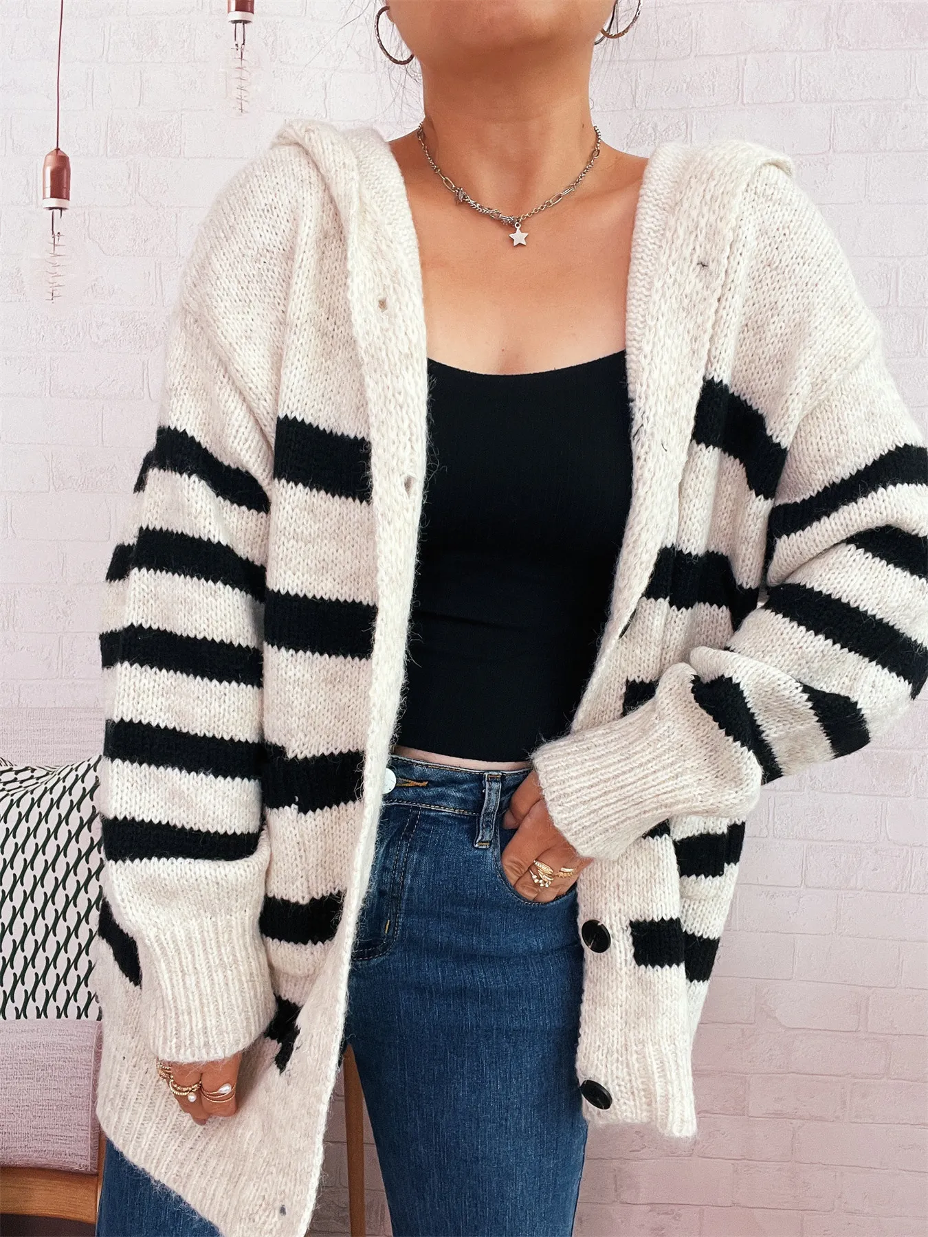 Striped Button-Up Hooded Cardigan - Image 4