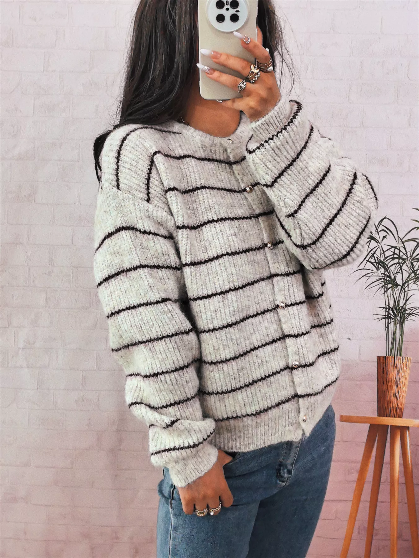 Striped Button Up Long Sleeve Cardigan - Image 6