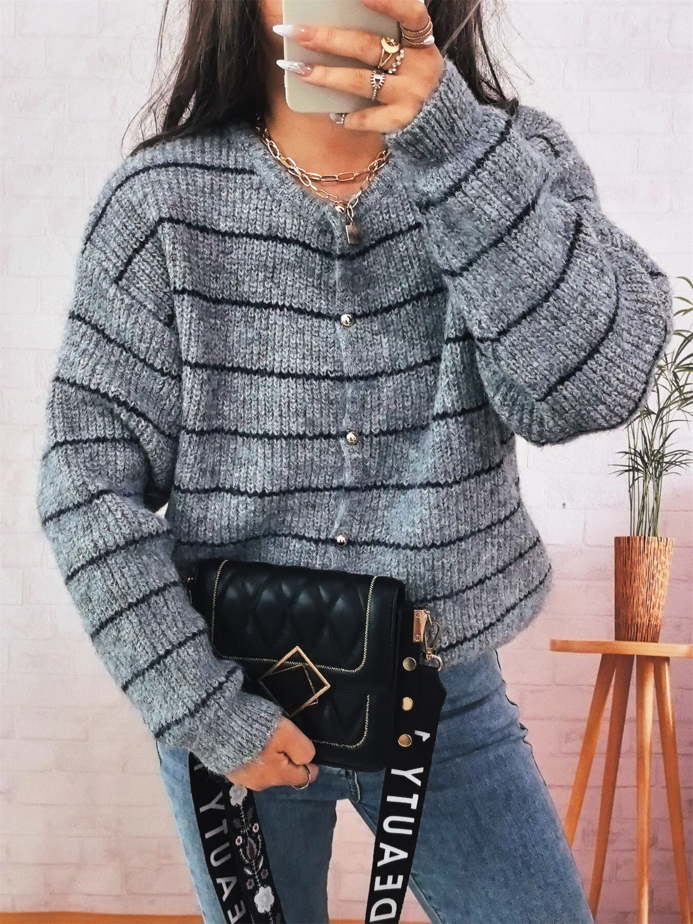 Striped Button Up Long Sleeve Cardigan - Image 9