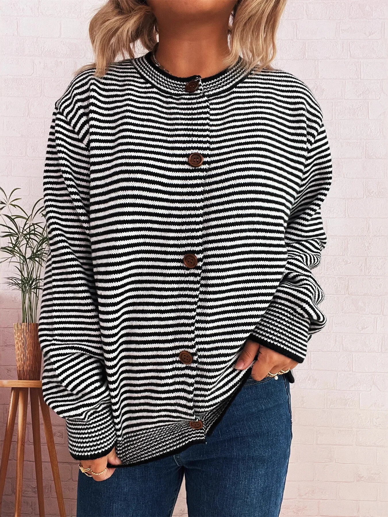 Striped Button Up Long Sleeve Cardigan - Image 4