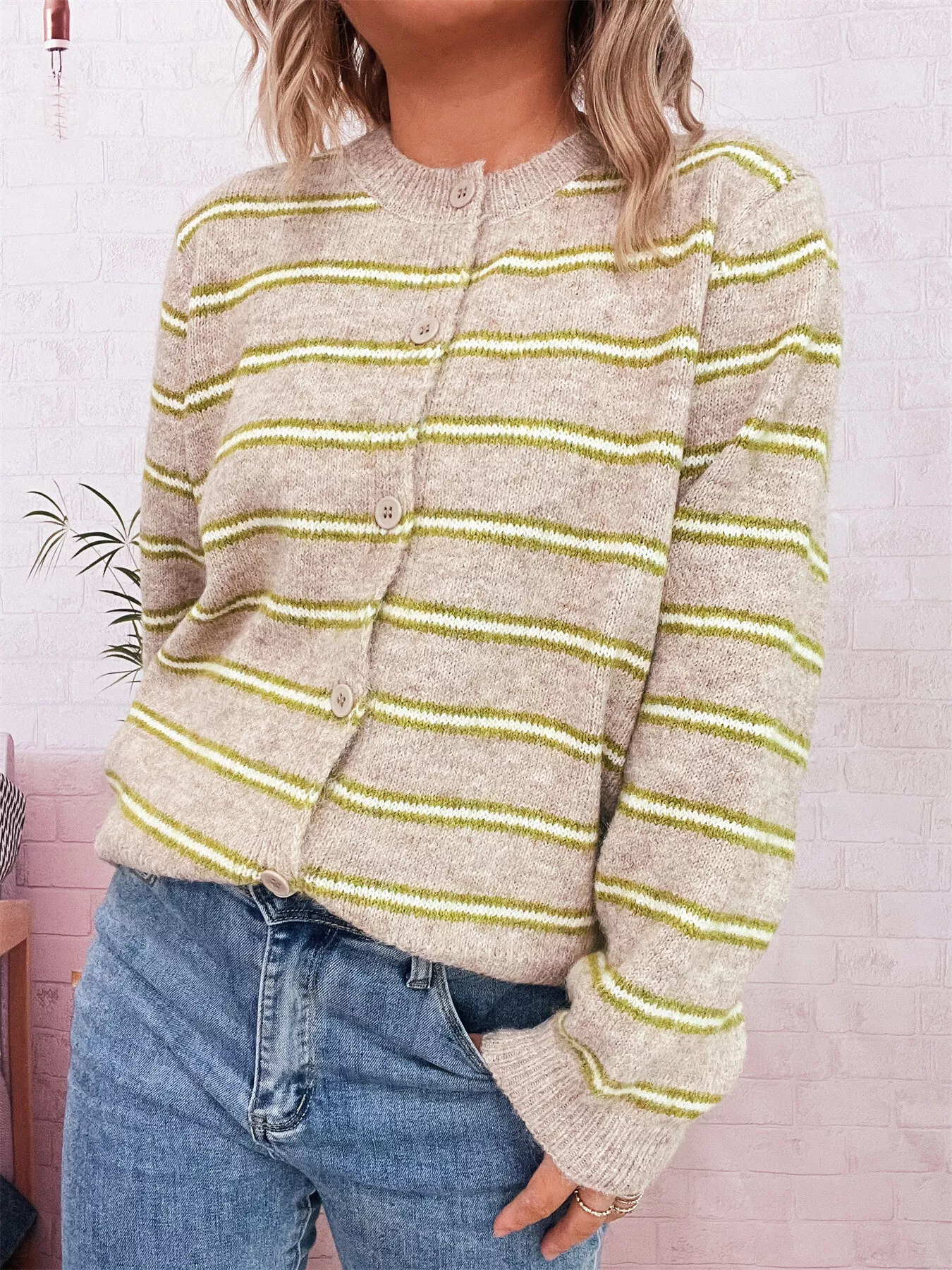 Striped Button-Up Long Sleeve Cardigan - Image 2