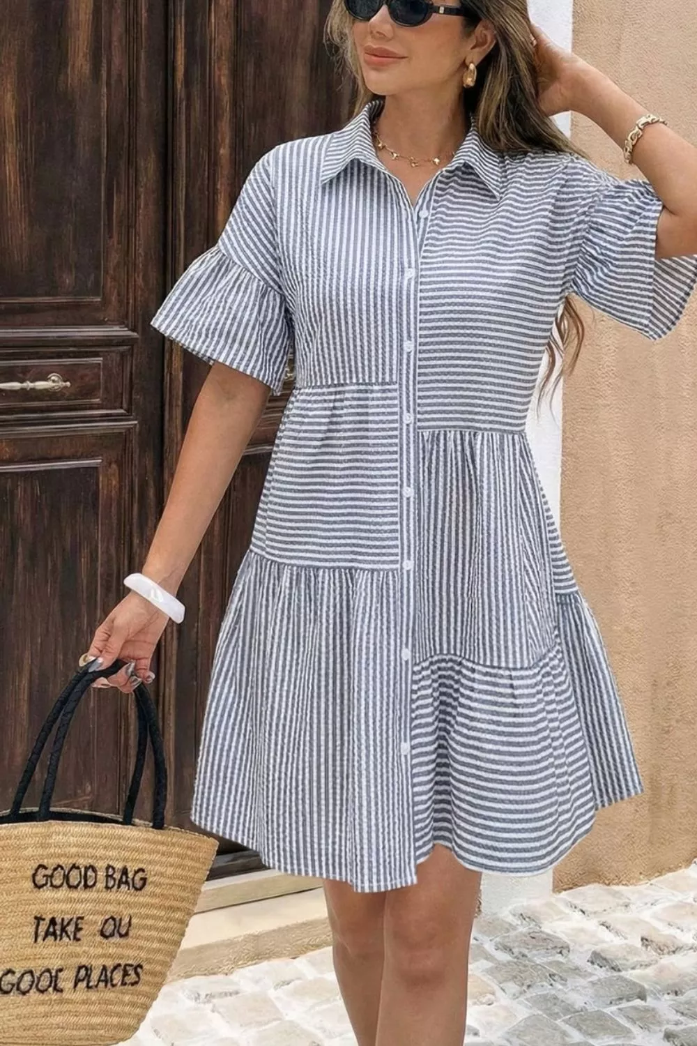 Striped Button-Up Ruffle Hem Mini Dress - Image 2