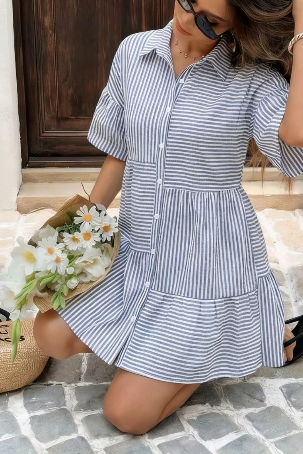 Striped Button-Up Ruffle Hem Mini Dress - Image 4