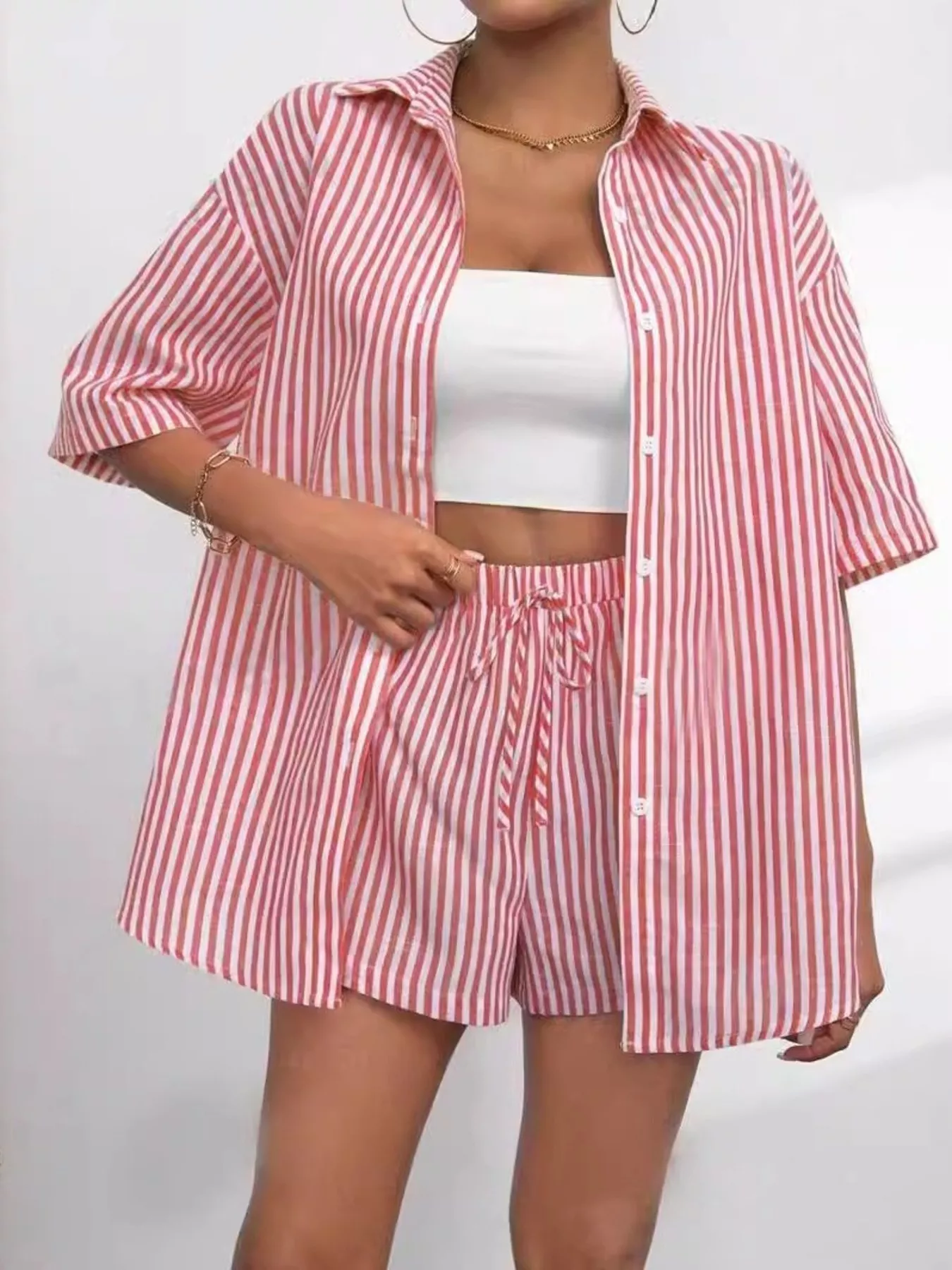 Striped Button Up Shirt and Shorts Casual Set - Image 3