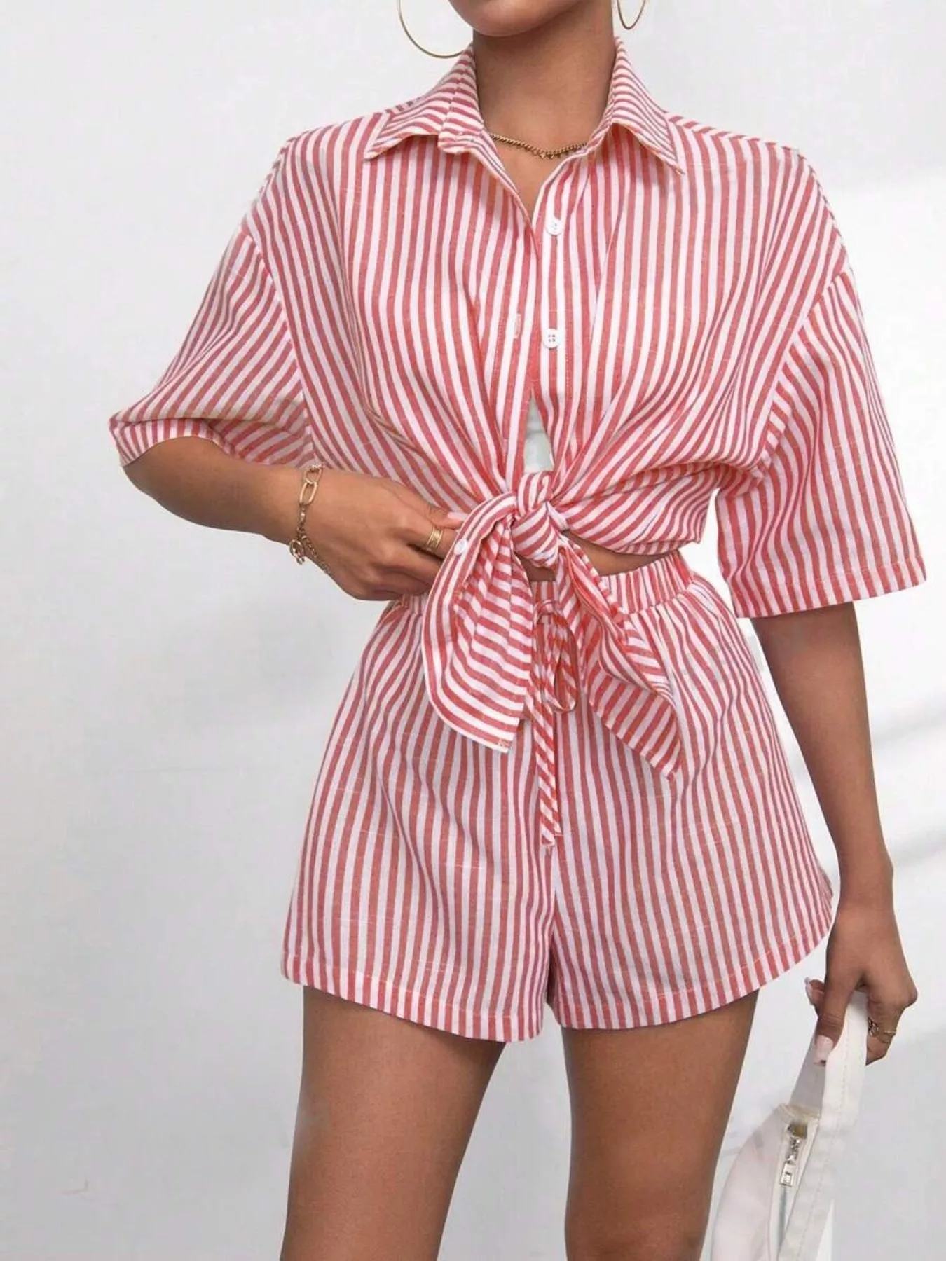 Striped Button Up Shirt and Shorts Casual Set - Image 4