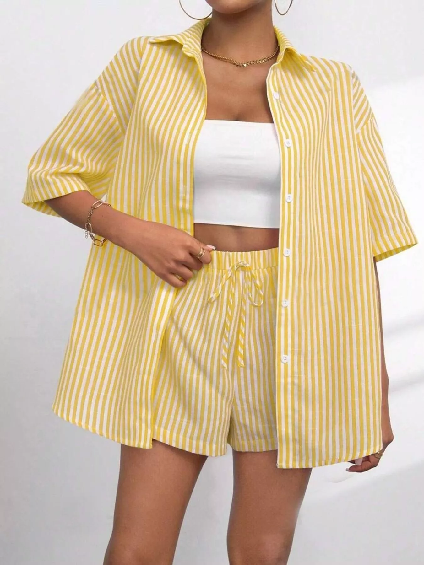 Striped Button Up Shirt and Shorts Casual Set - Image 9