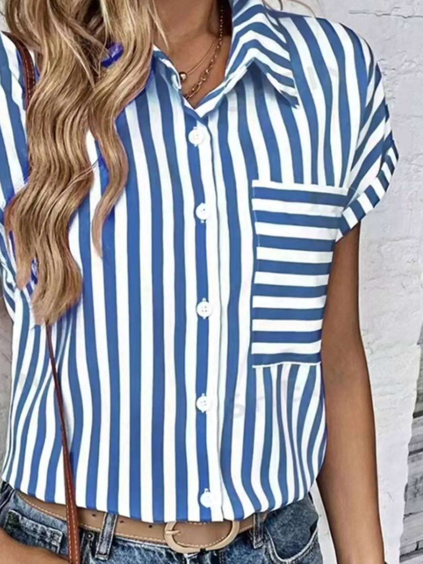 Striped Button-Up Short Sleeve Shirt with Pocket - Image 12