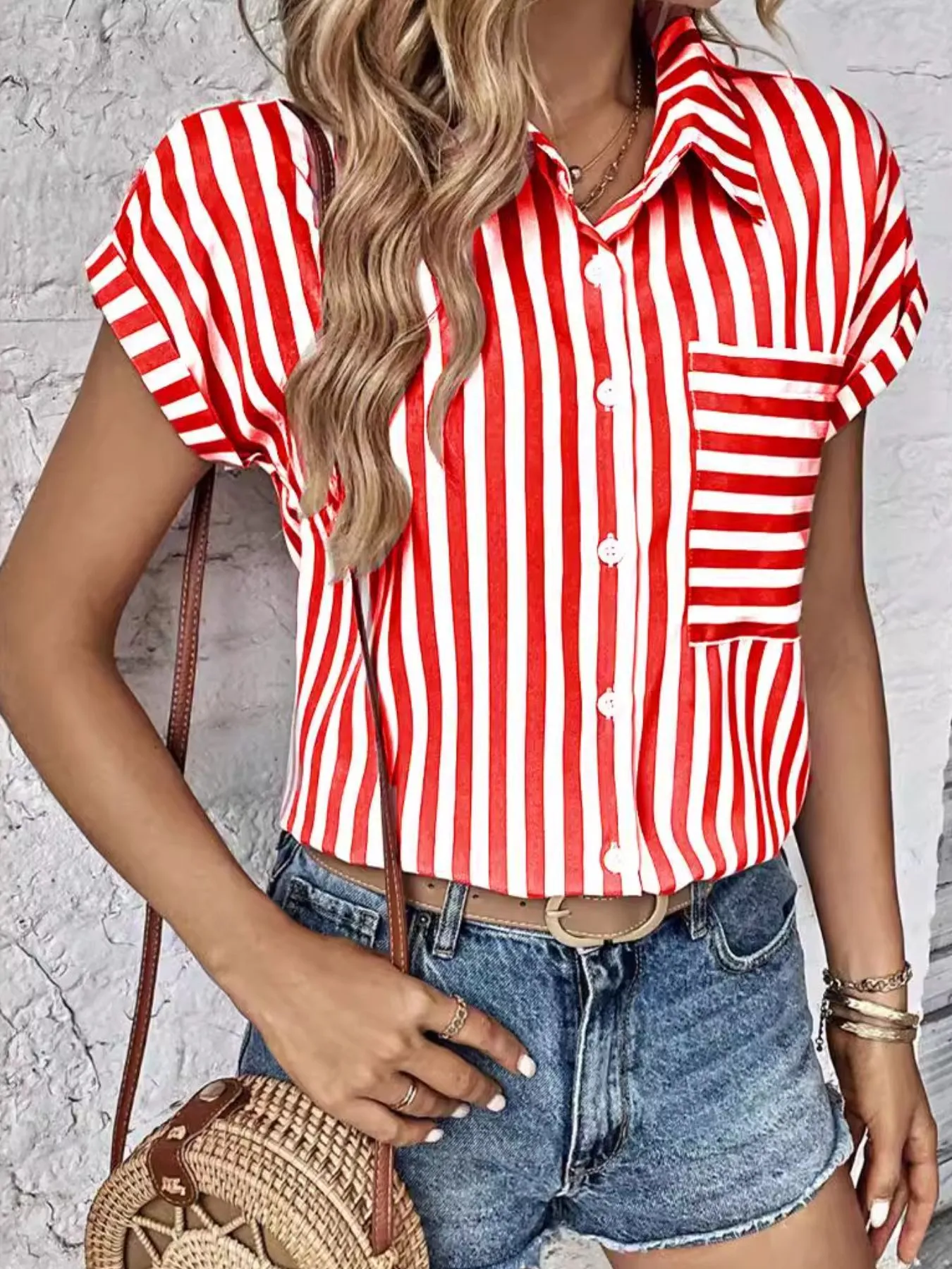 Striped Button-Up Short Sleeve Shirt with Pocket - Image 4