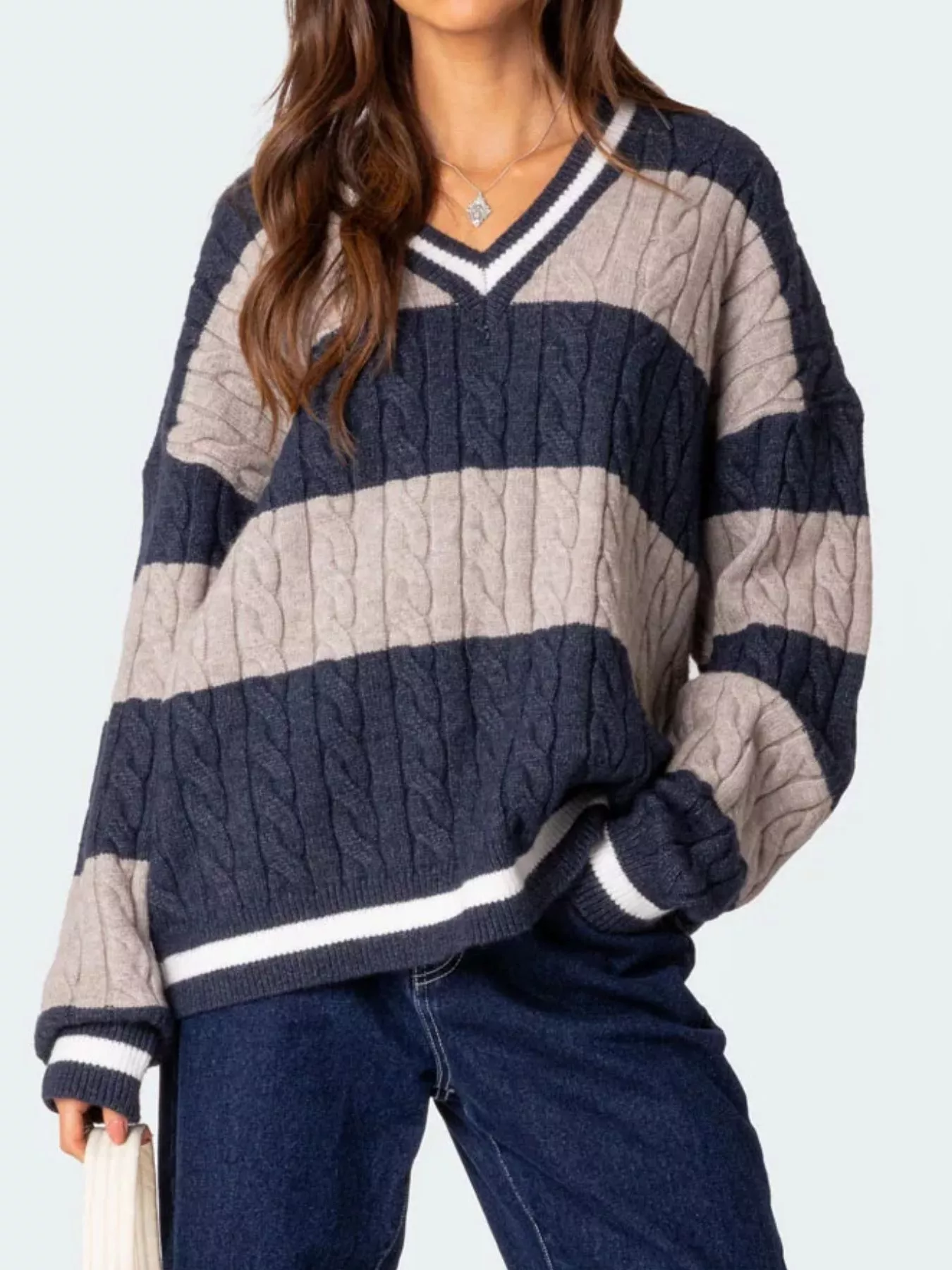 Striped Cable Knit V-Neck Sweater - Image 10