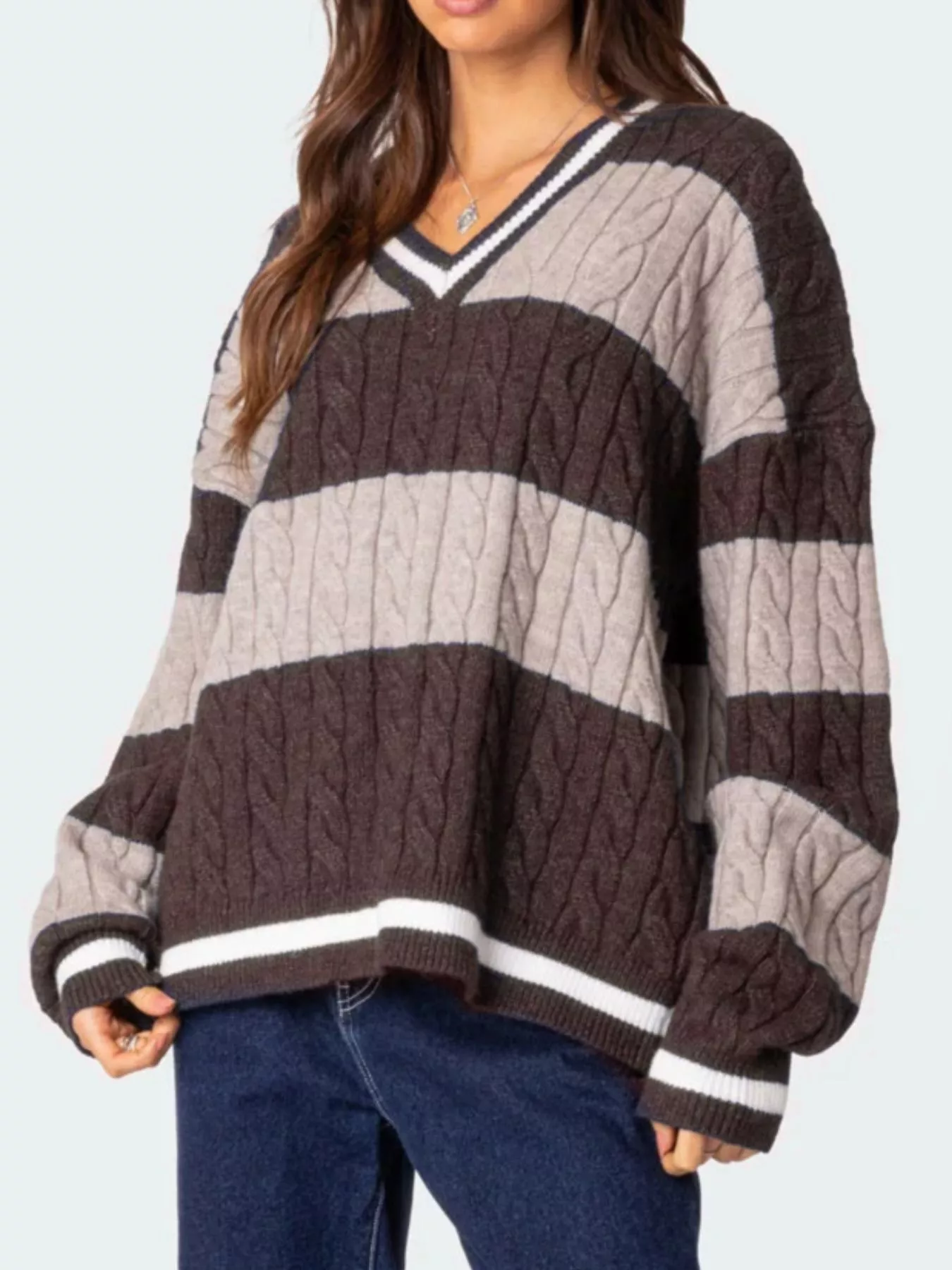 Striped Cable Knit V-Neck Sweater - Image 5