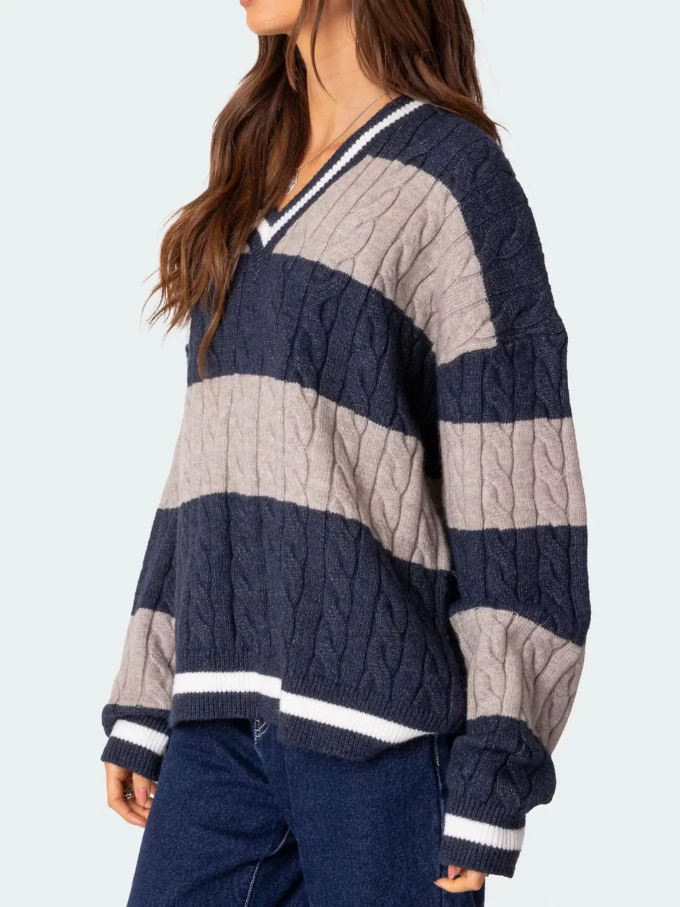 Striped Cable Knit V-Neck Sweater - Image 7