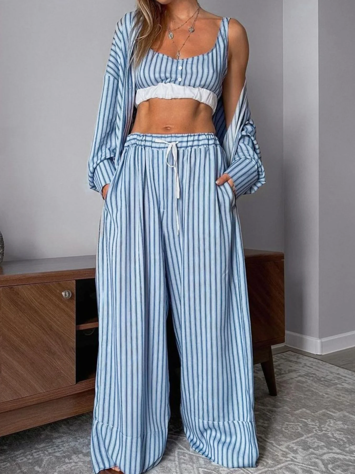 Striped Cami & Shirt and Pants Lounge Set - Image 4