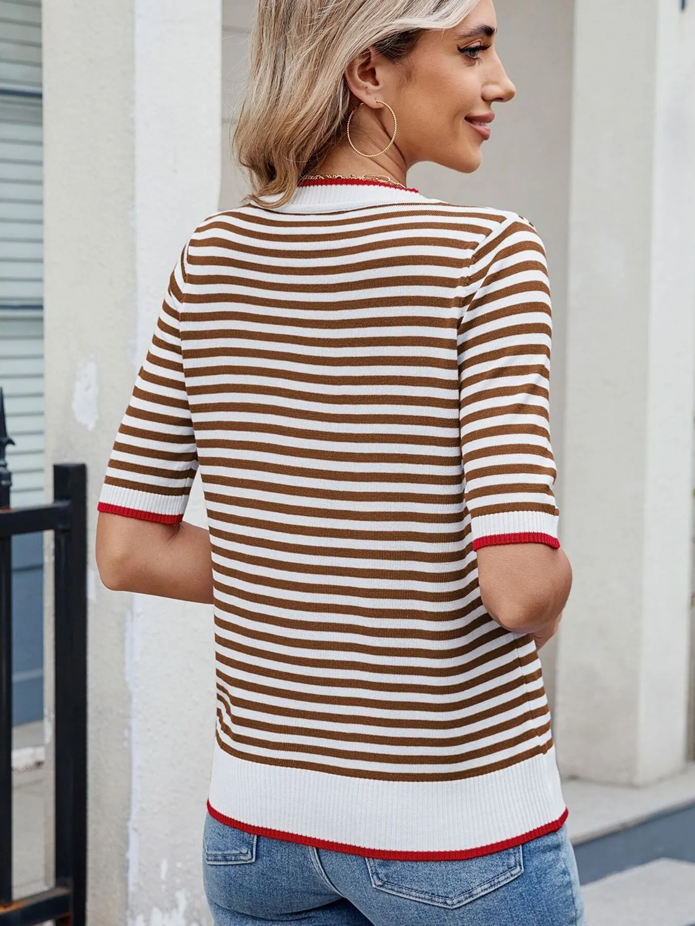 Striped Casual T-Shirt with Contrast Trim - Image 12