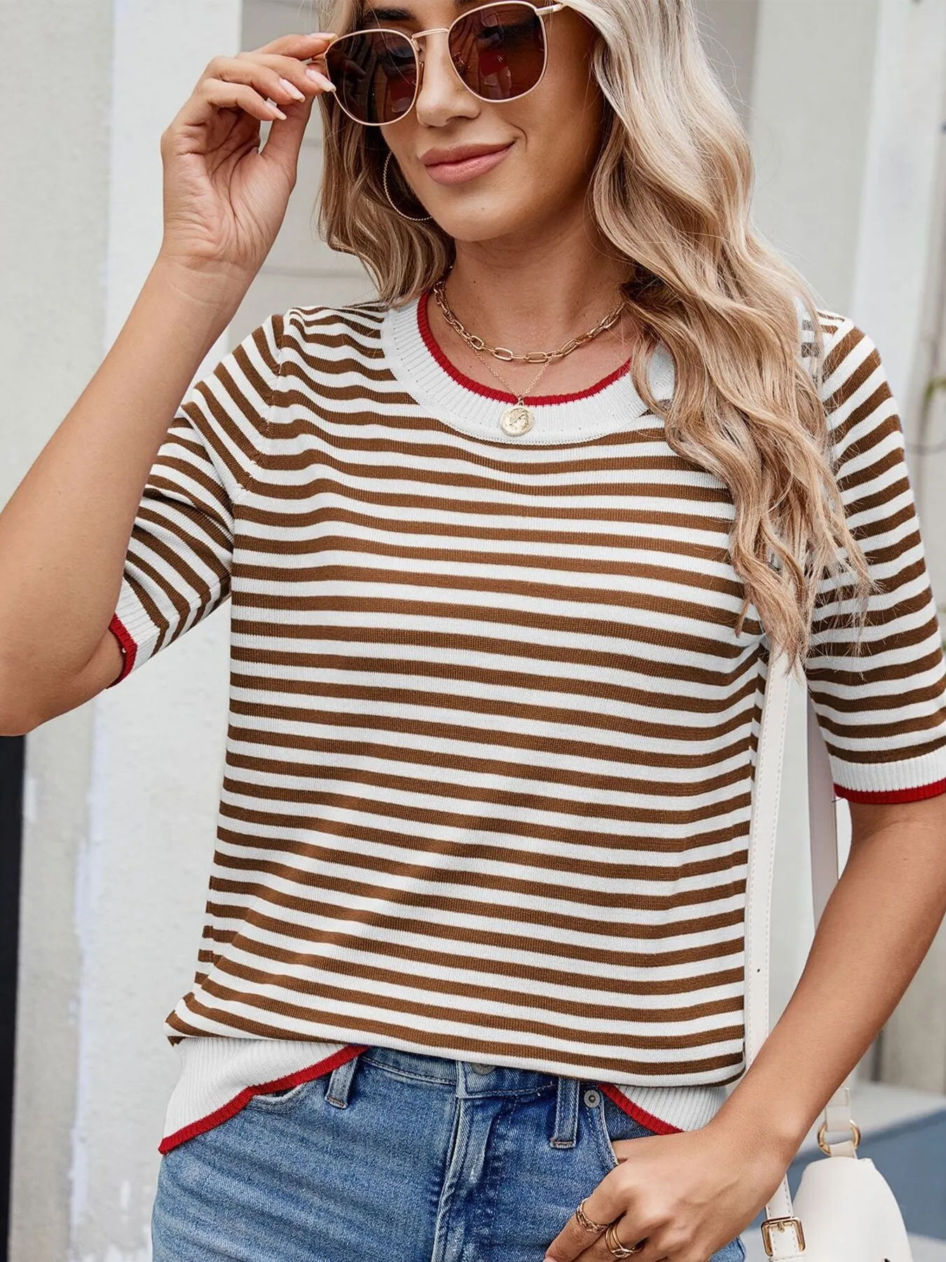 Striped Casual T-Shirt with Contrast Trim - Image 14