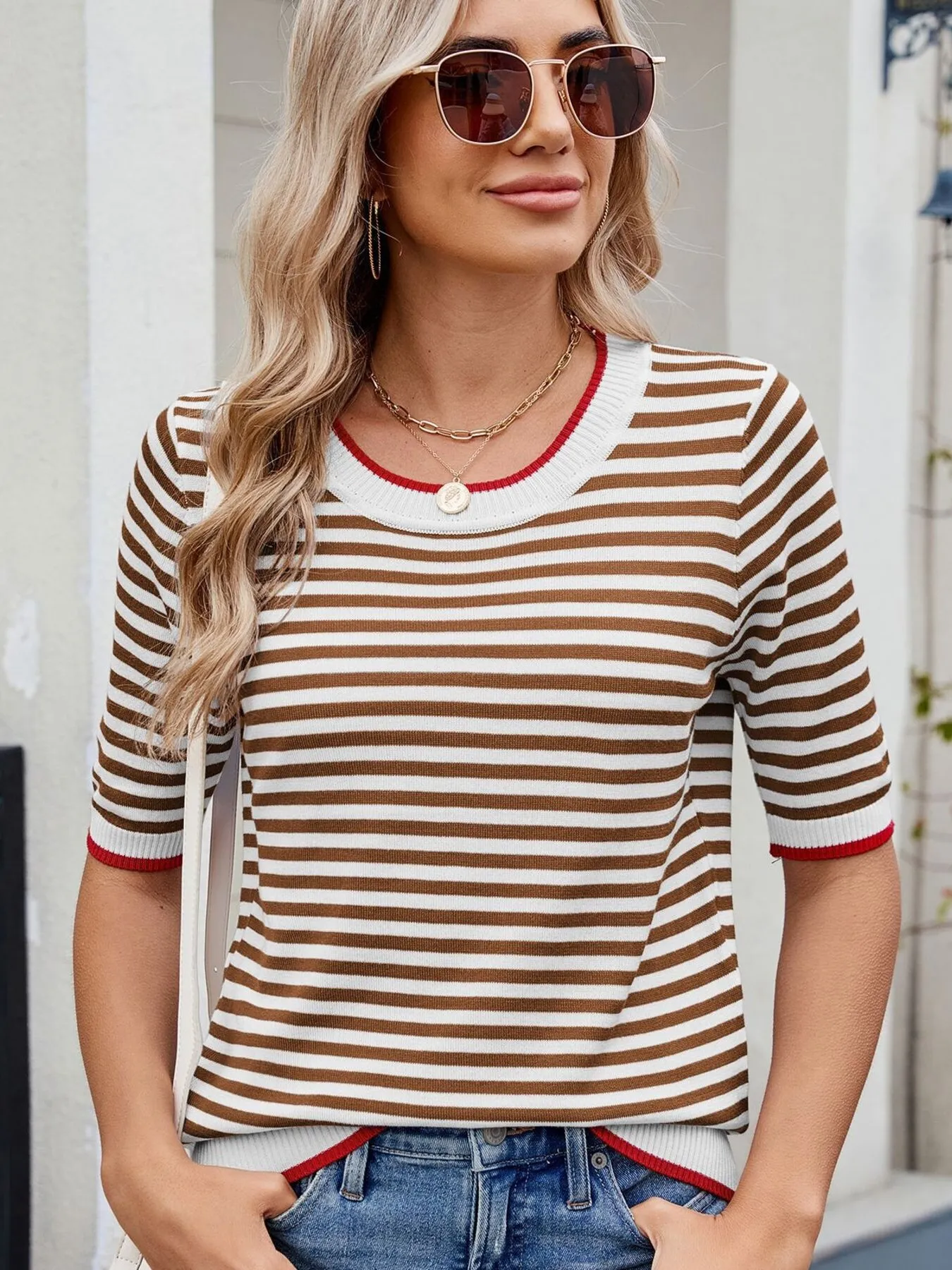 Striped Casual T-Shirt with Contrast Trim - Image 15