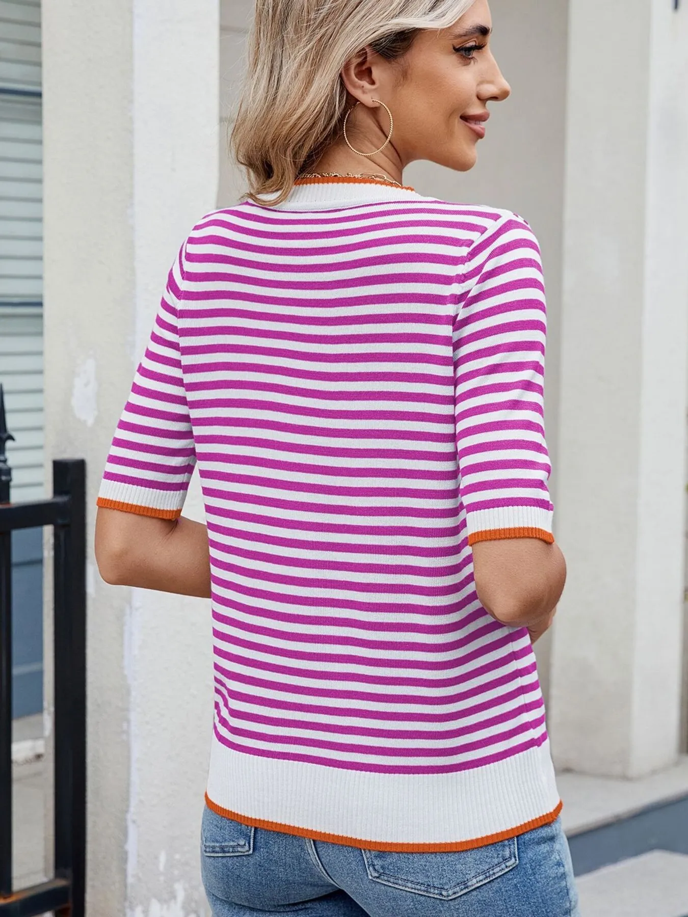 Striped Casual T-Shirt with Contrast Trim - Image 17