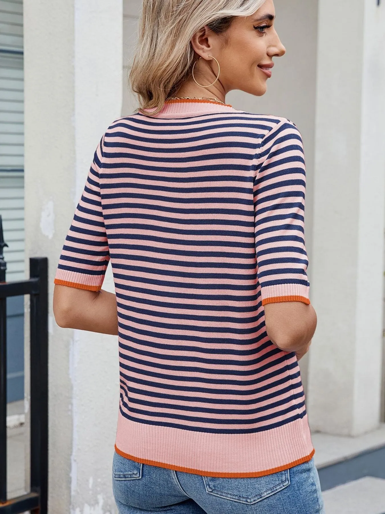 Striped Casual T-Shirt with Contrast Trim - Image 2