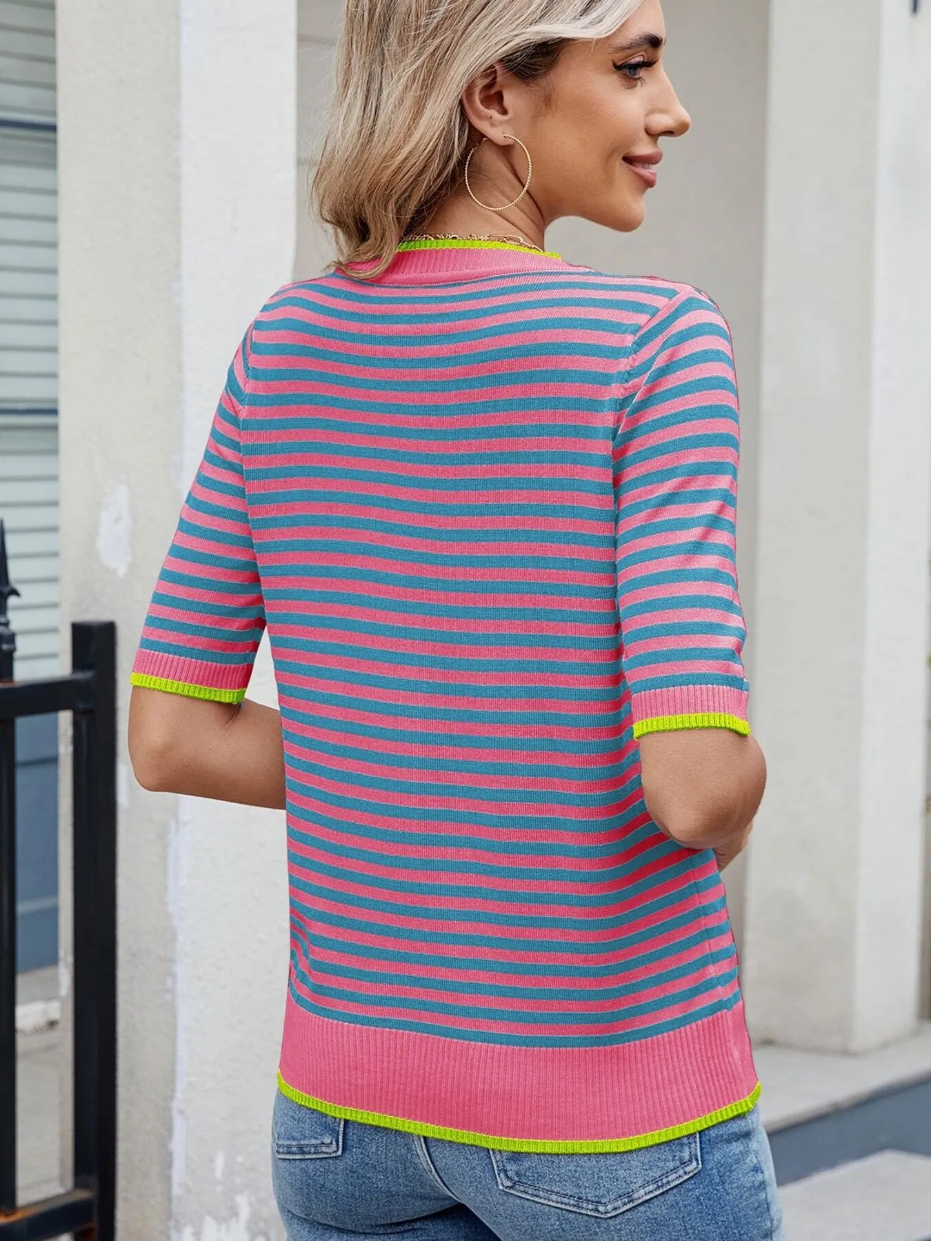 Striped Casual T-Shirt with Contrast Trim - Image 22