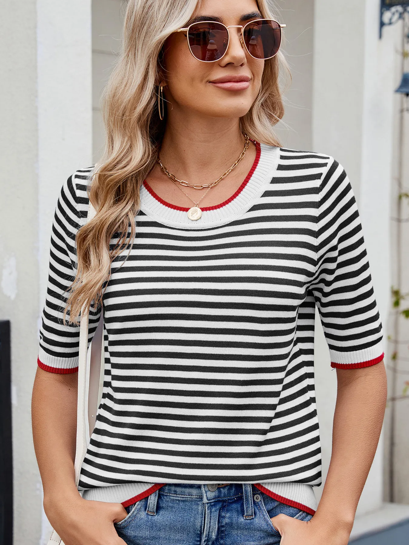 Striped Casual T-Shirt with Contrast Trim - Image 26