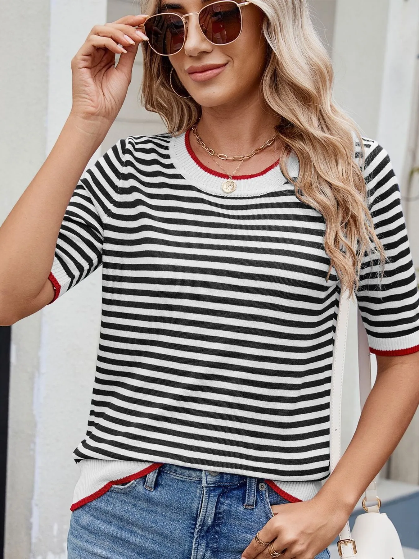 Striped Casual T-Shirt with Contrast Trim - Image 28
