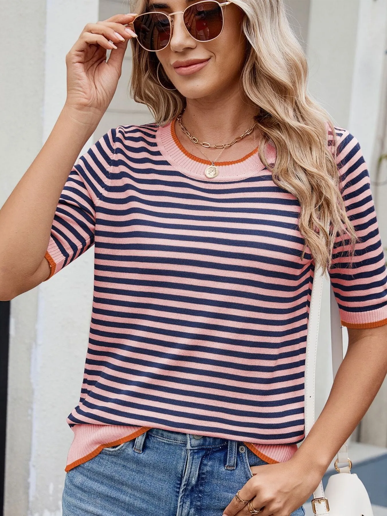 Striped Casual T-Shirt with Contrast Trim - Image 4
