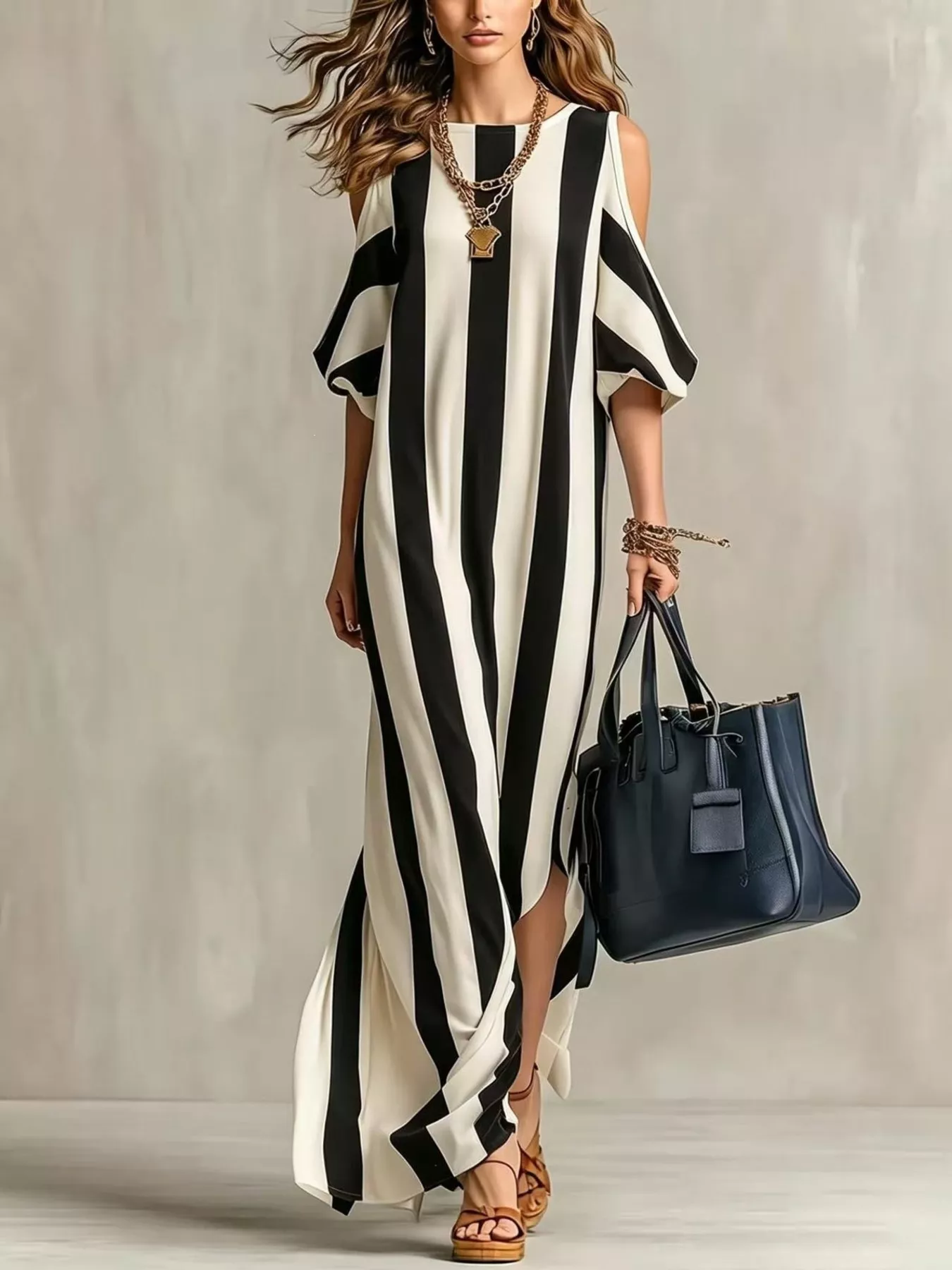 Striped Cold Shoulder Maxi Dress - Image 3