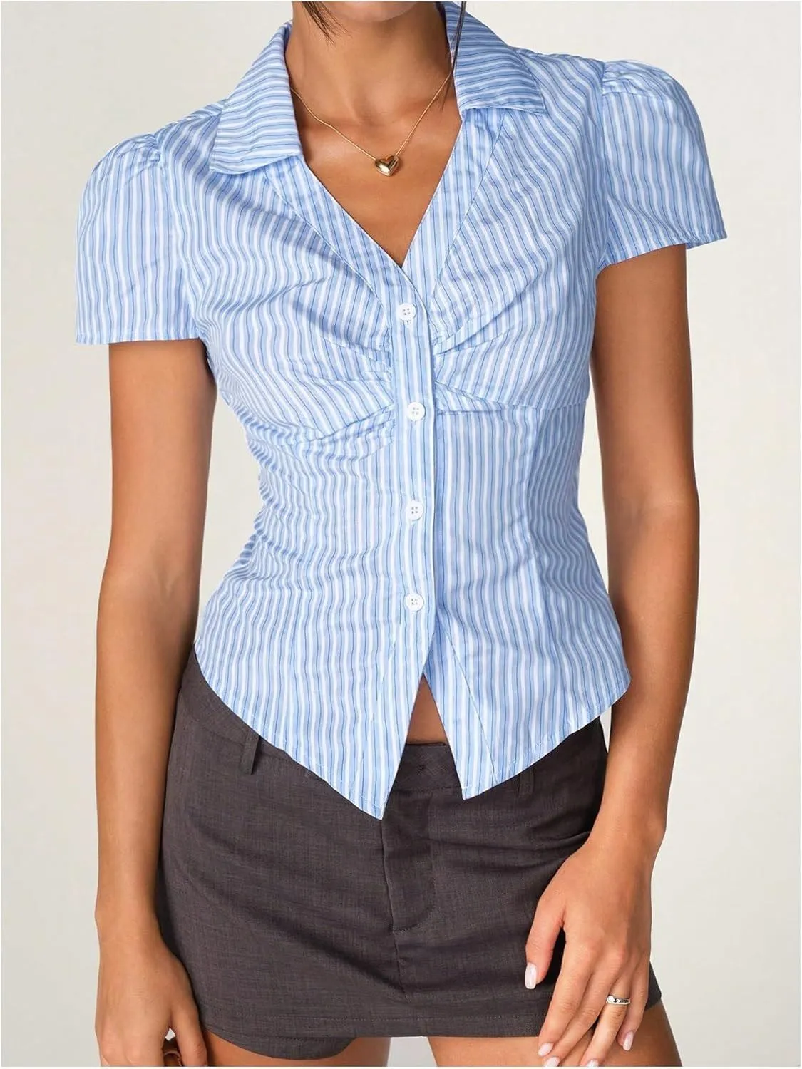 Striped Collared Neck Short Sleeve Shirt - Image 6