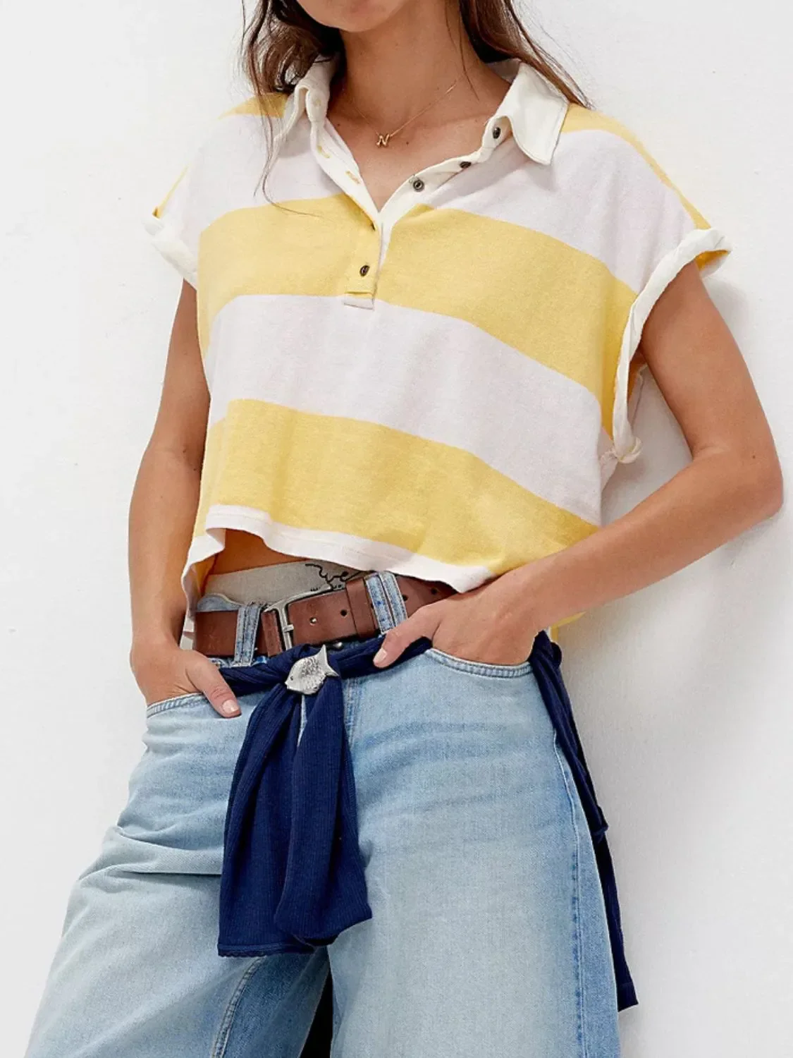 Striped Collared Neck Short Sleeve Top - Image 11