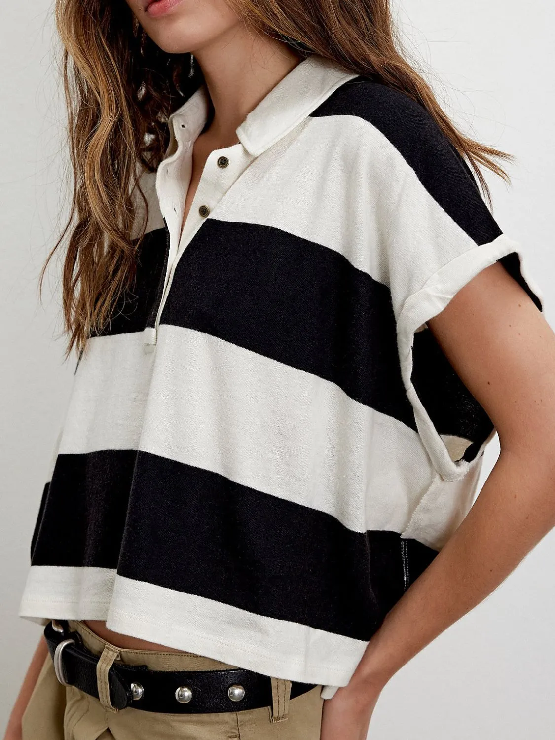 Striped Collared Neck Short Sleeve Top - Image 3
