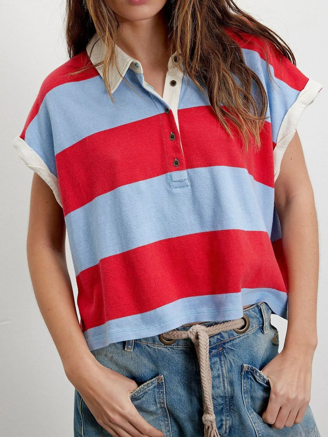 Striped Collared Neck Short Sleeve Top - Image 6