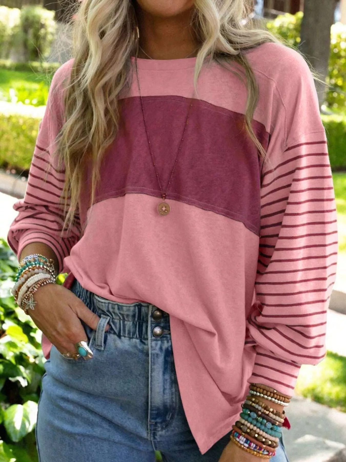 Striped Color Block Long Sleeve T-Shirt - Image 4