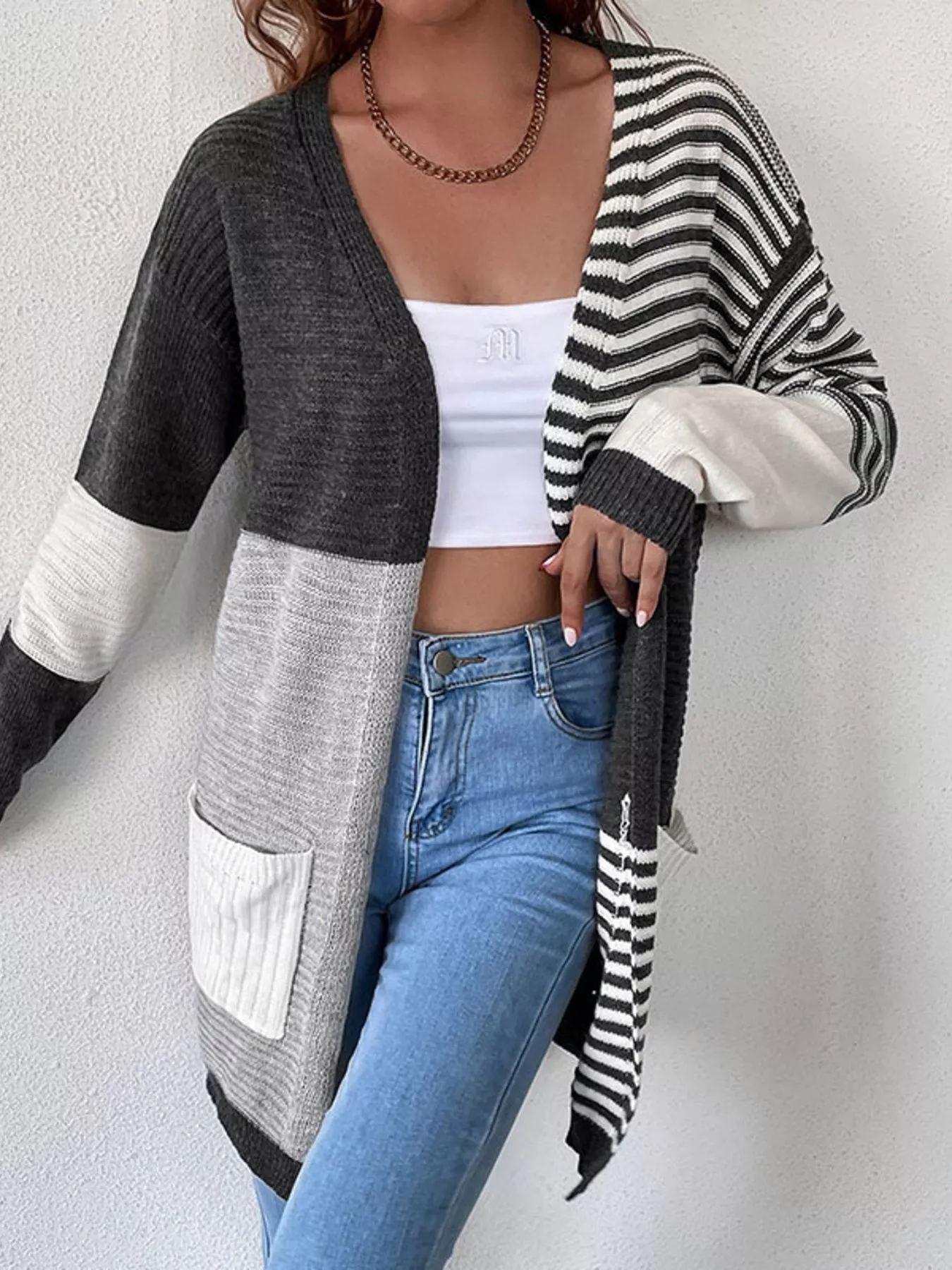 Striped Color Block Open Front Cardigan - Image 3