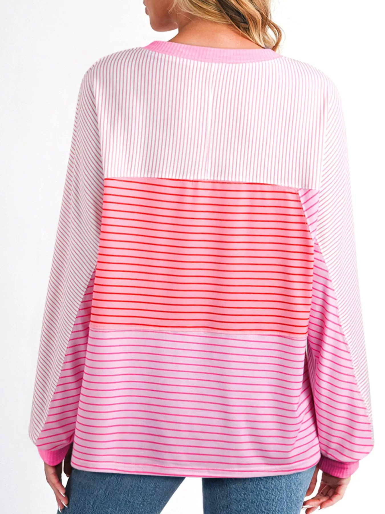 Striped Colorblock Exposed Seam Casual Long Sleeve Top - Image 3