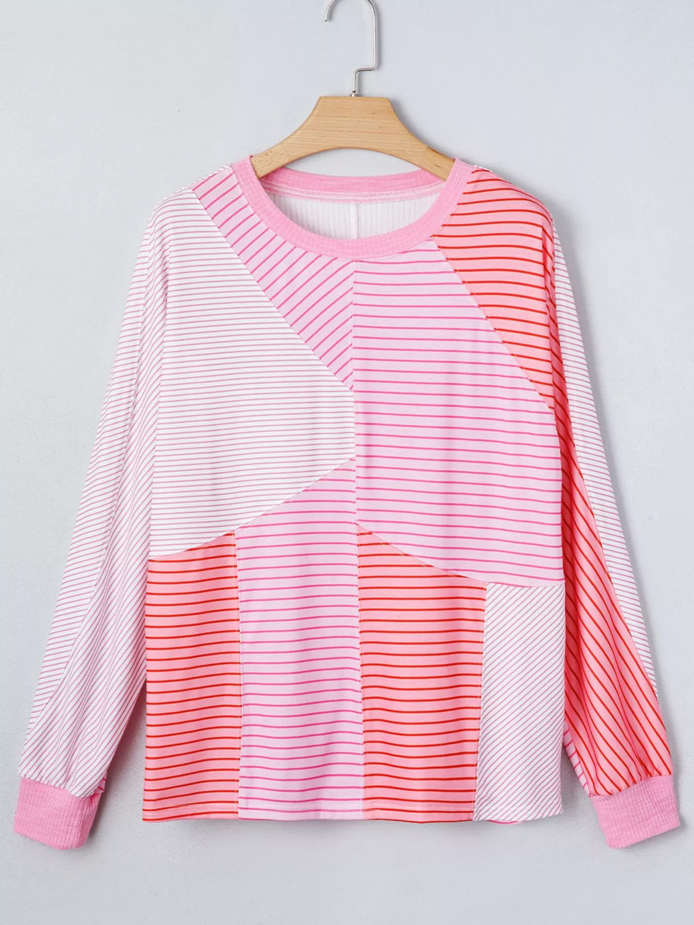 Striped Colorblock Exposed Seam Casual Long Sleeve Top - Image 4