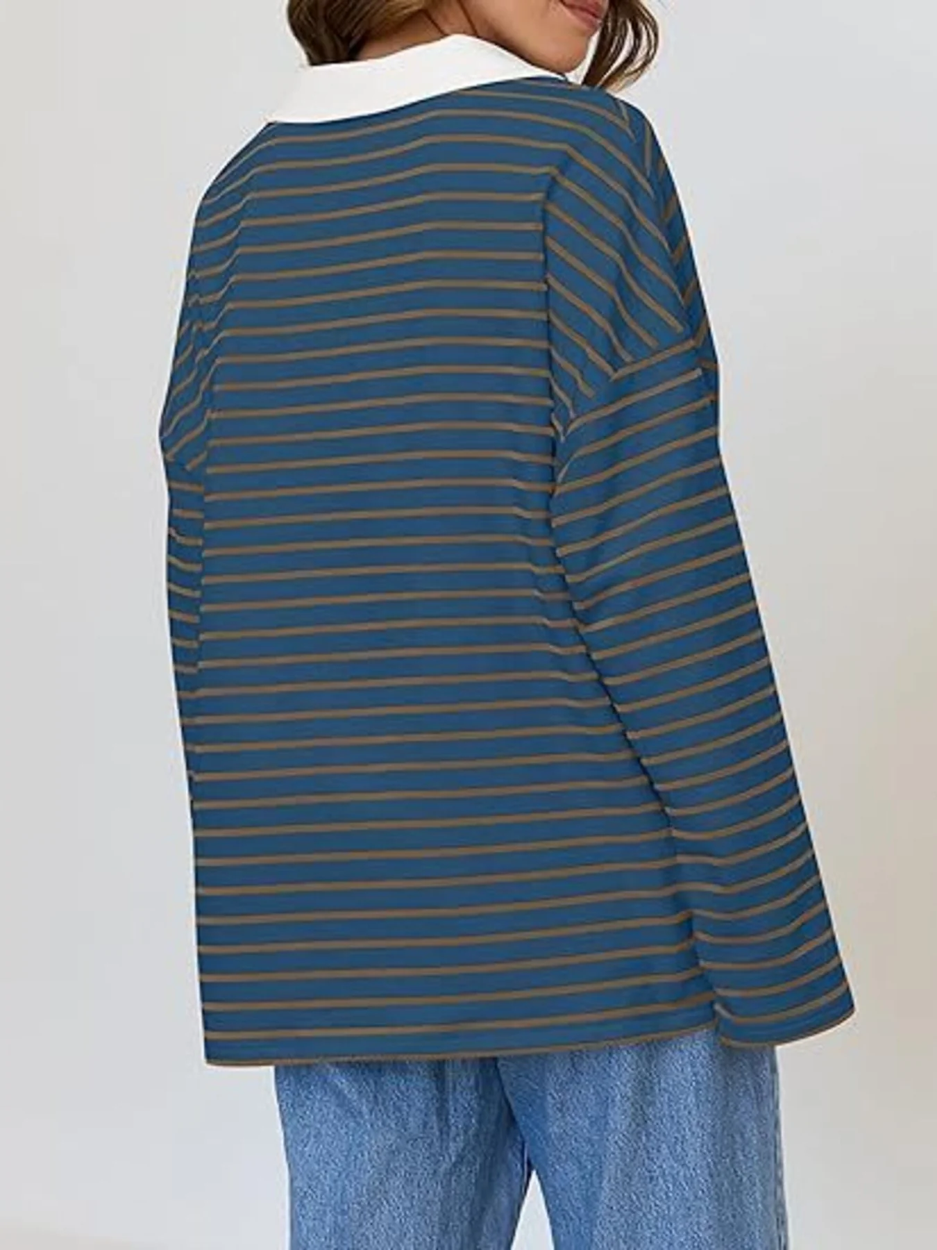 Striped Contrast Collar Long Sleeve Top - Image 19