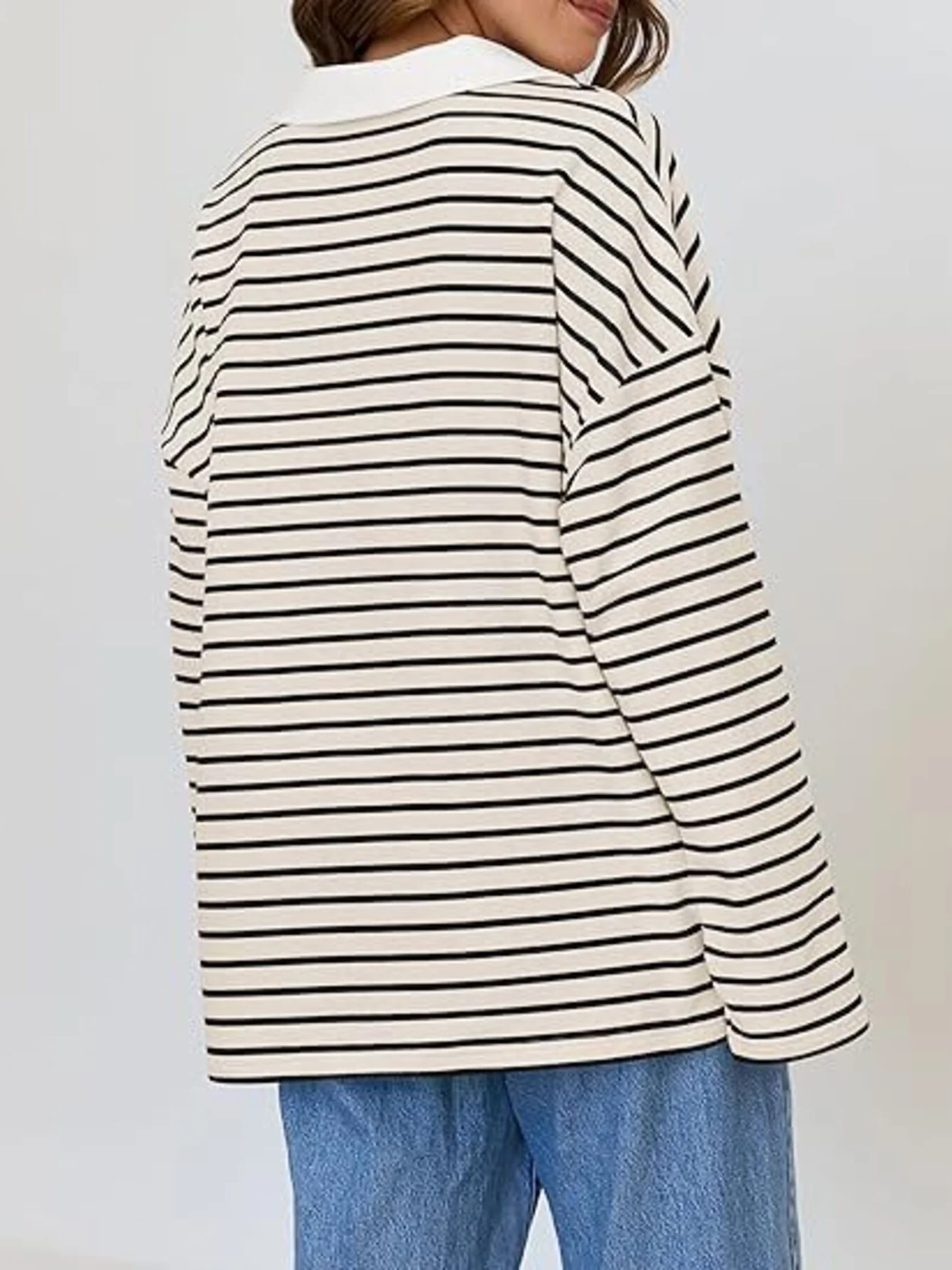 Striped Contrast Collar Long Sleeve Top - Image 8
