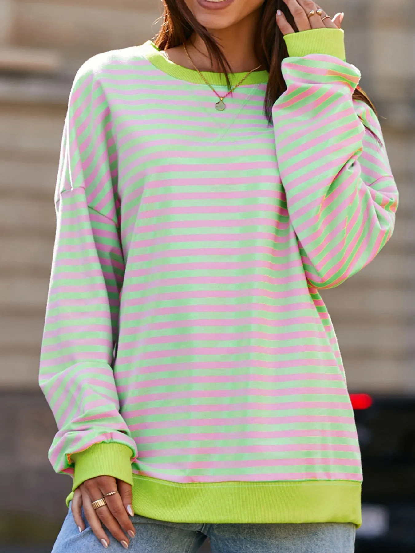 Striped Contrast Ribbed Trim Drop Shoulder Sweatshirt - Image 11